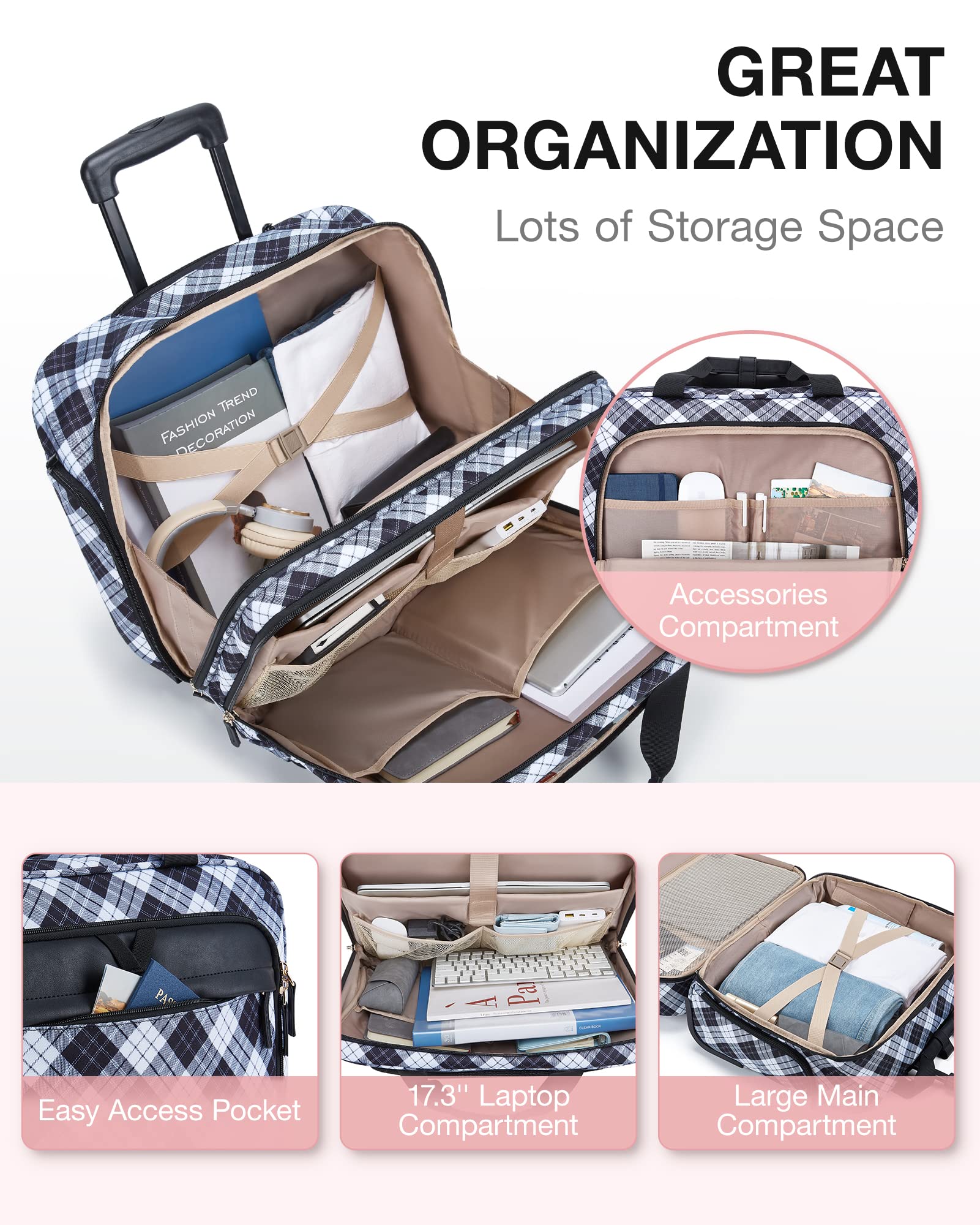 BAGSMART 17.3” Rolling Laptop Bag Briefcase, Computer Bag Laptop  Case Carry-on Luggage Bag with Wheels for Work Business Travel, Women & Men, Black & White Plaid