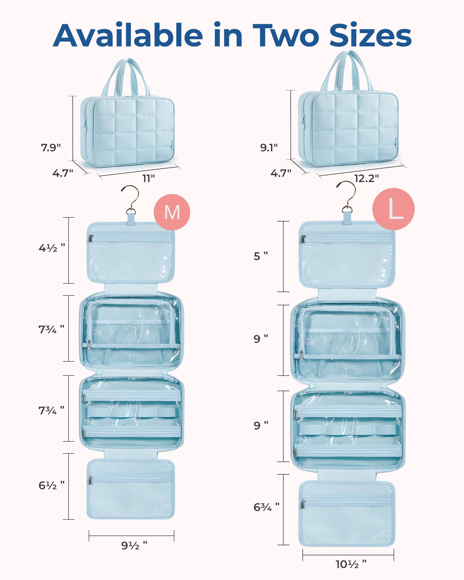 BAGSMART Travel Toiletry Bag with Jewelry Organizer, Puffy Makeup Cosmetic Bag with Hanging Hook for Toiletries Accessories Essentials, Women & Men, Medium Size-Light Blue