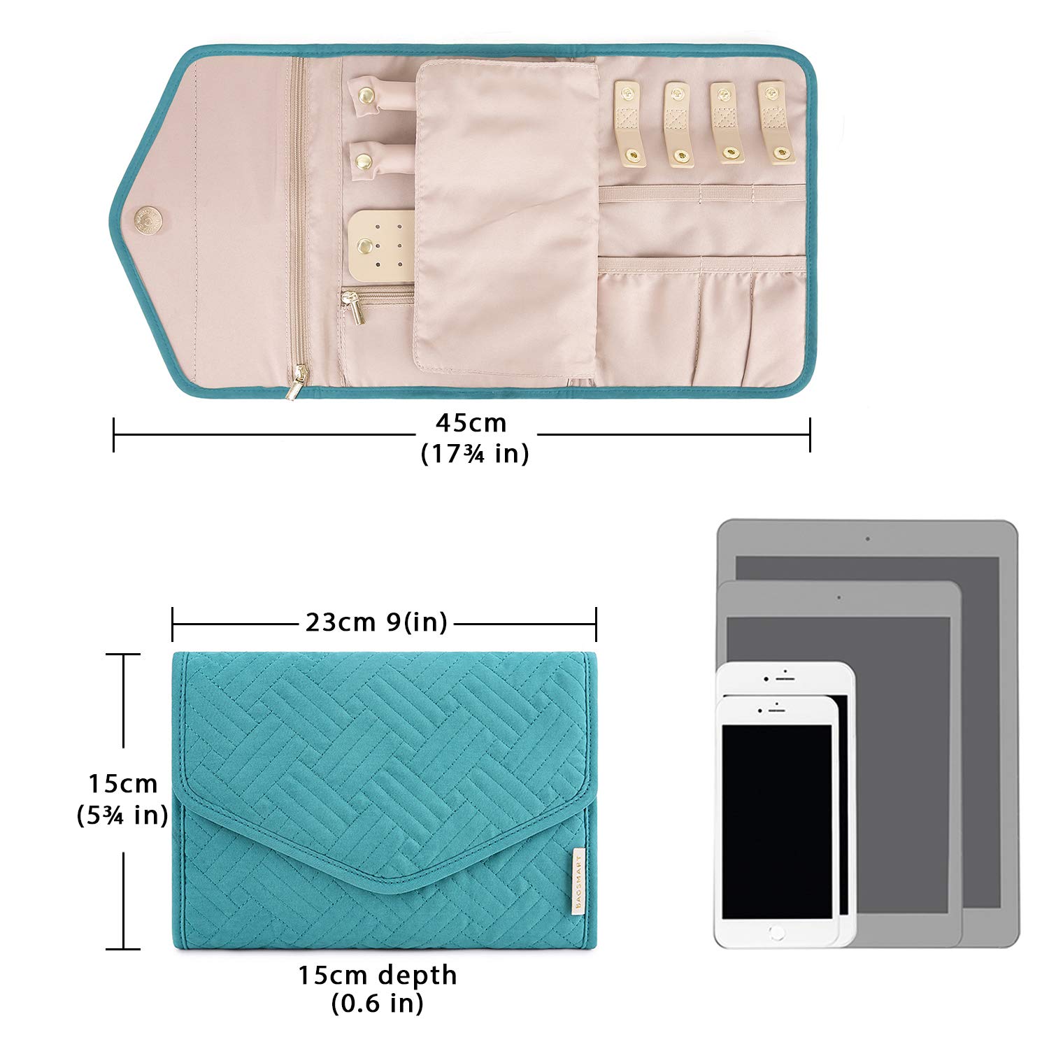 BAGSMART Travel Jewelry Organizer Storage Roll Foldable Jewelry Case Bag for Earrings, Journey-Rings, Necklaces, Bracelets, Brooches, Medium Size, Teal
