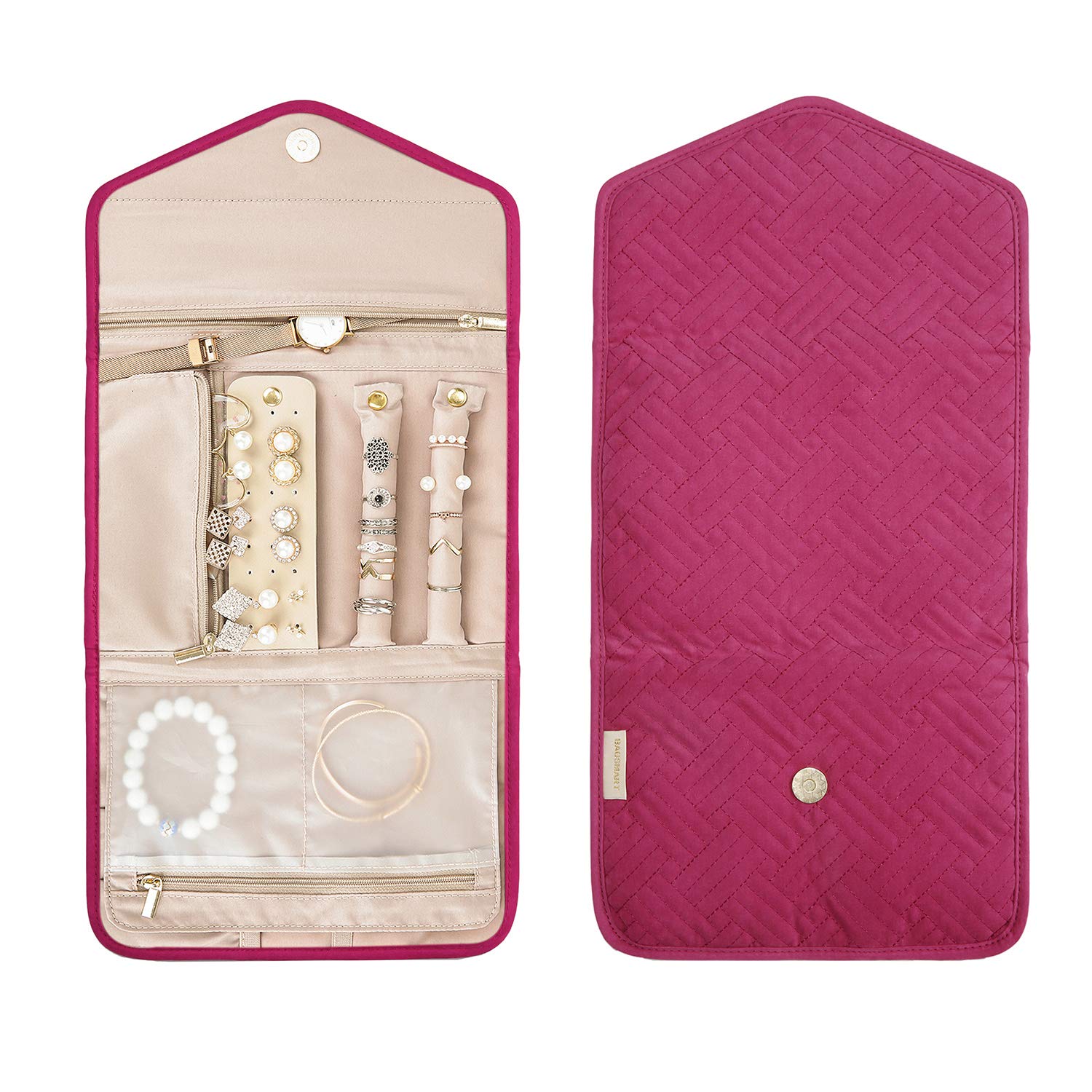 BAGSMART Travel Jewelry Organizer Storage Roll Foldable Jewelry Case Bag for Earrings, Journey-Rings, Necklaces, Bracelets, Brooches, Medium Size, Rose