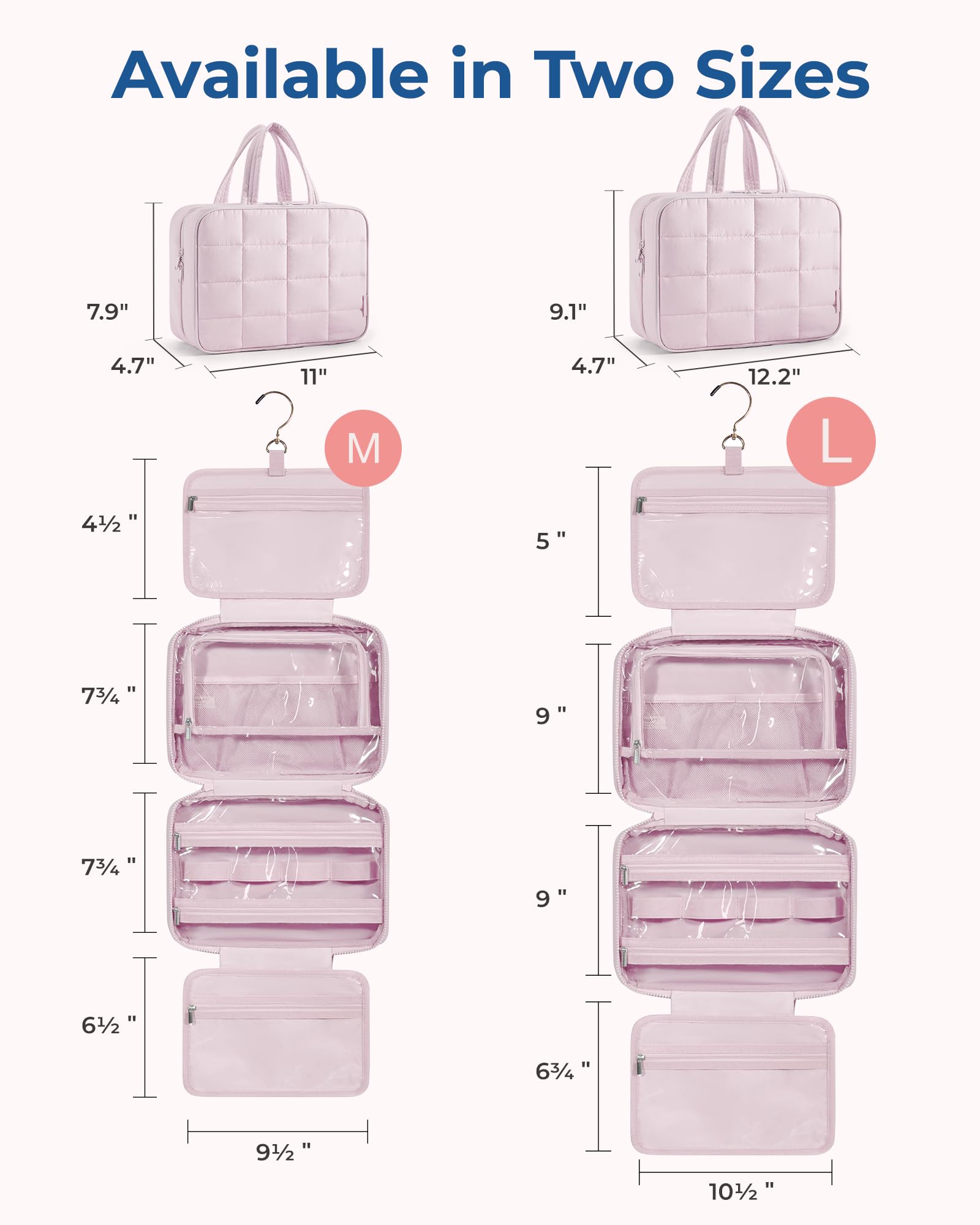 BAGSMART Travel Toiletry Bag with Jewelry Organizer, Puffy Makeup Cosmetic Bag with Hanging Hook for Toiletries Accessories Essentials, Women & Men, Large Size-Pink