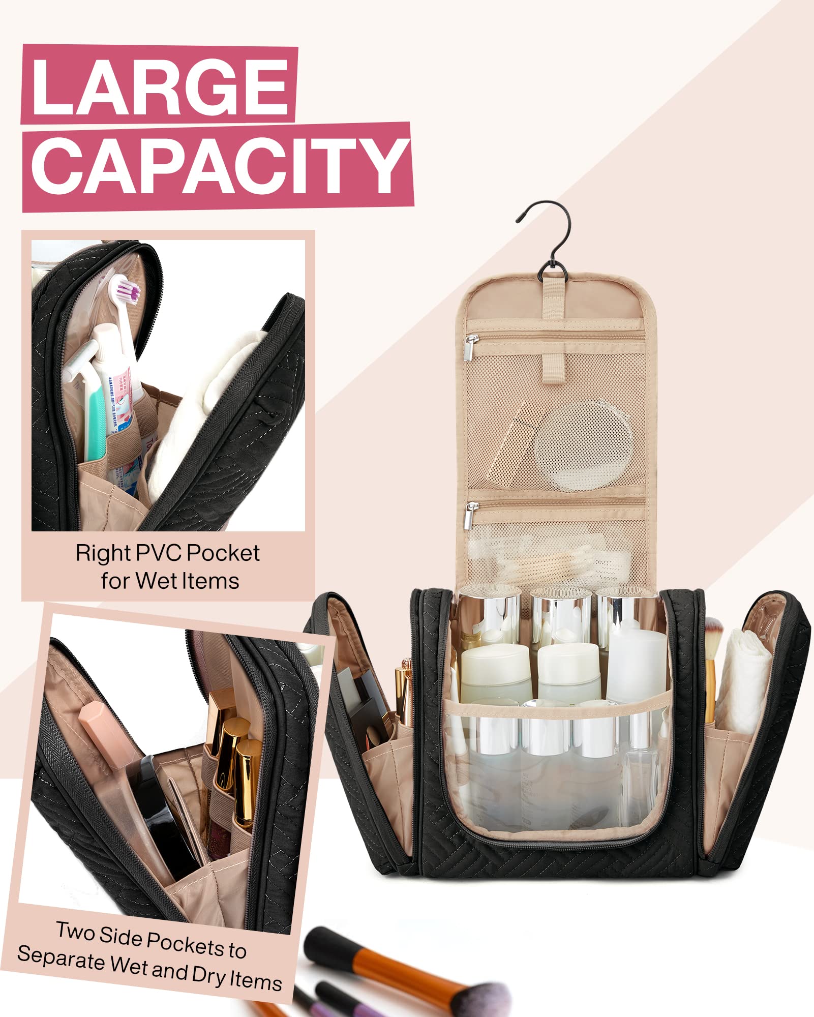BAGSMART Full Sized Travel Toiletry Bag, Water-resistant Cosmetic Makeup Bag with Hanging Hook, Large Capacity Travel Toiletries Organizer Accessories Essentials for Women & Men, Black
