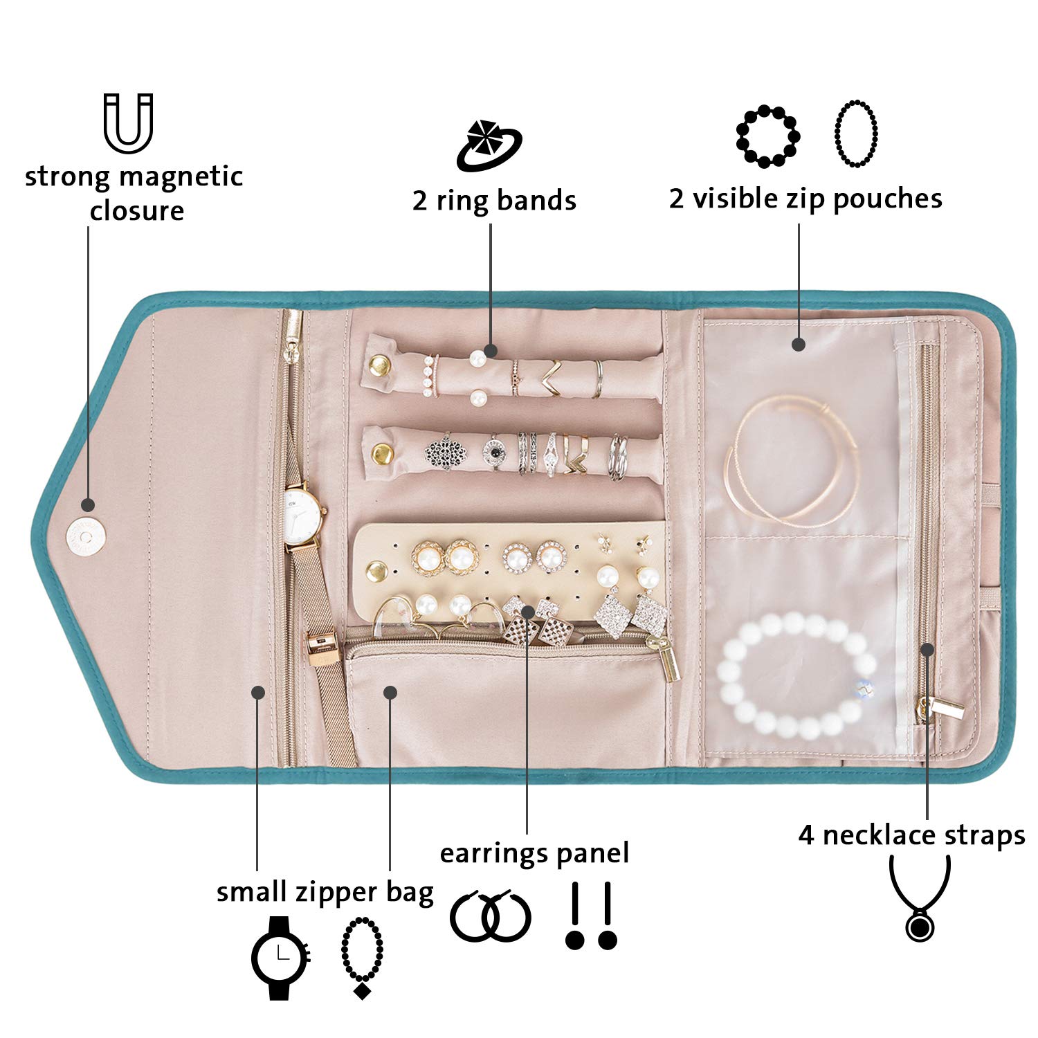 BAGSMART Travel Jewelry Organizer Storage Roll Foldable Jewelry Case Bag for Earrings, Journey-Rings, Necklaces, Bracelets, Brooches, Medium Size, Teal