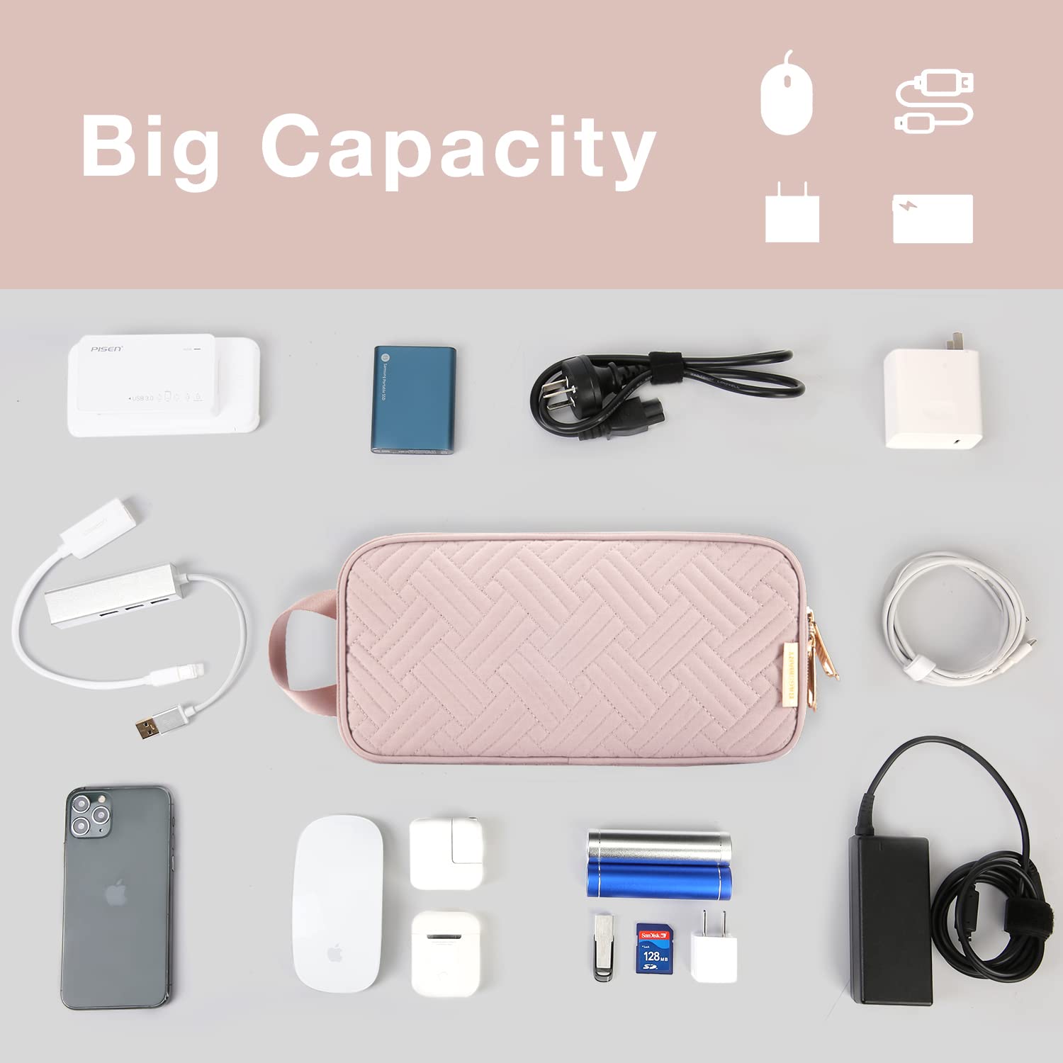 BAGSMART Large Electronics Organizer for Women, Travel Cable Organizer Bag for Electronic Accessories Case, Waterproof Portable Charger Tech Organizer Pouch for Phone, Earphone, Cord, Power Bank, Pink