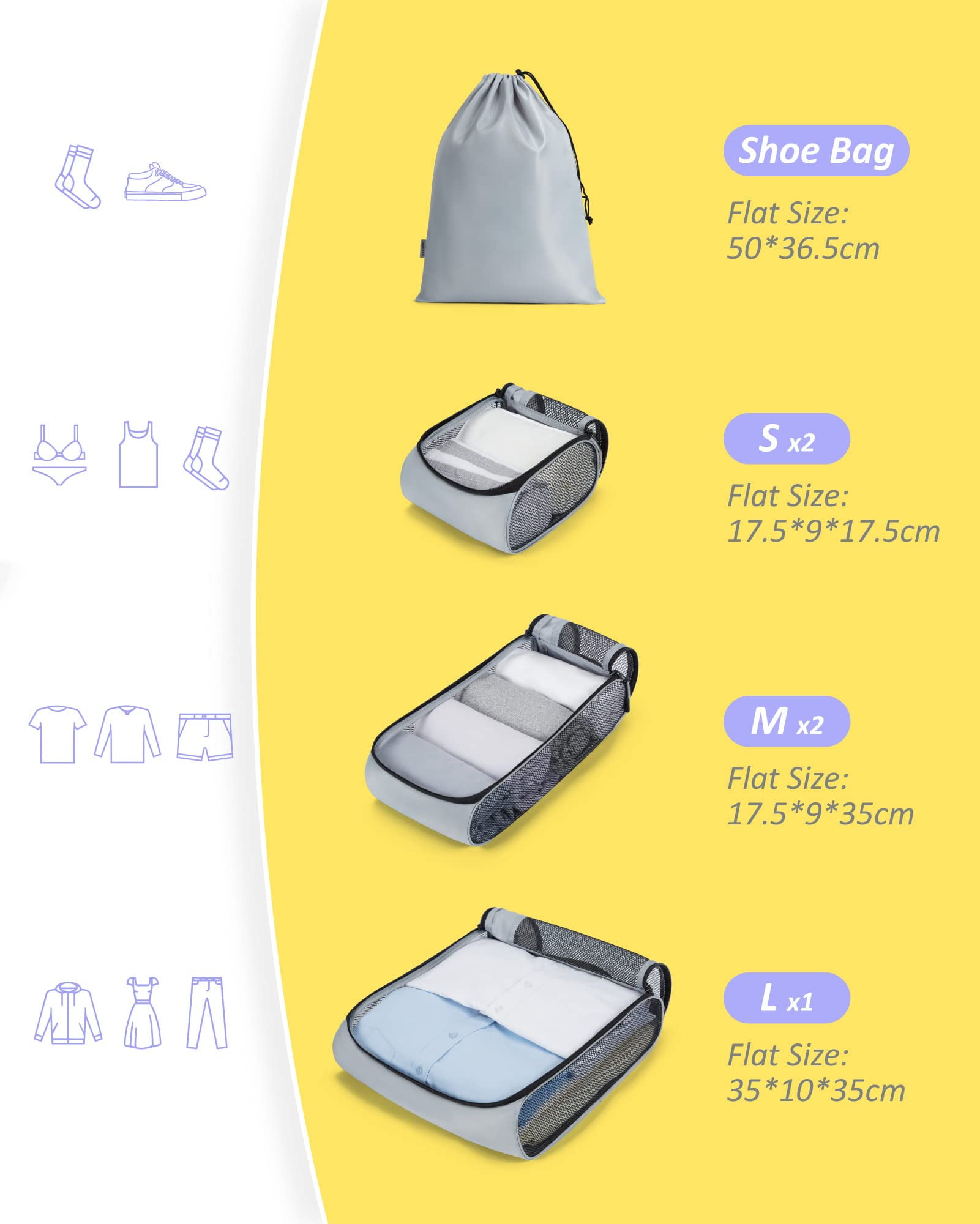 BAGSMART Packing Cubes for Luggage, 7 Set Keep Shape Travel Packing Organizers, Lightweight Suitcase Storage Bags for Travel Accessories with Shoe Bag for Women Men, Gray