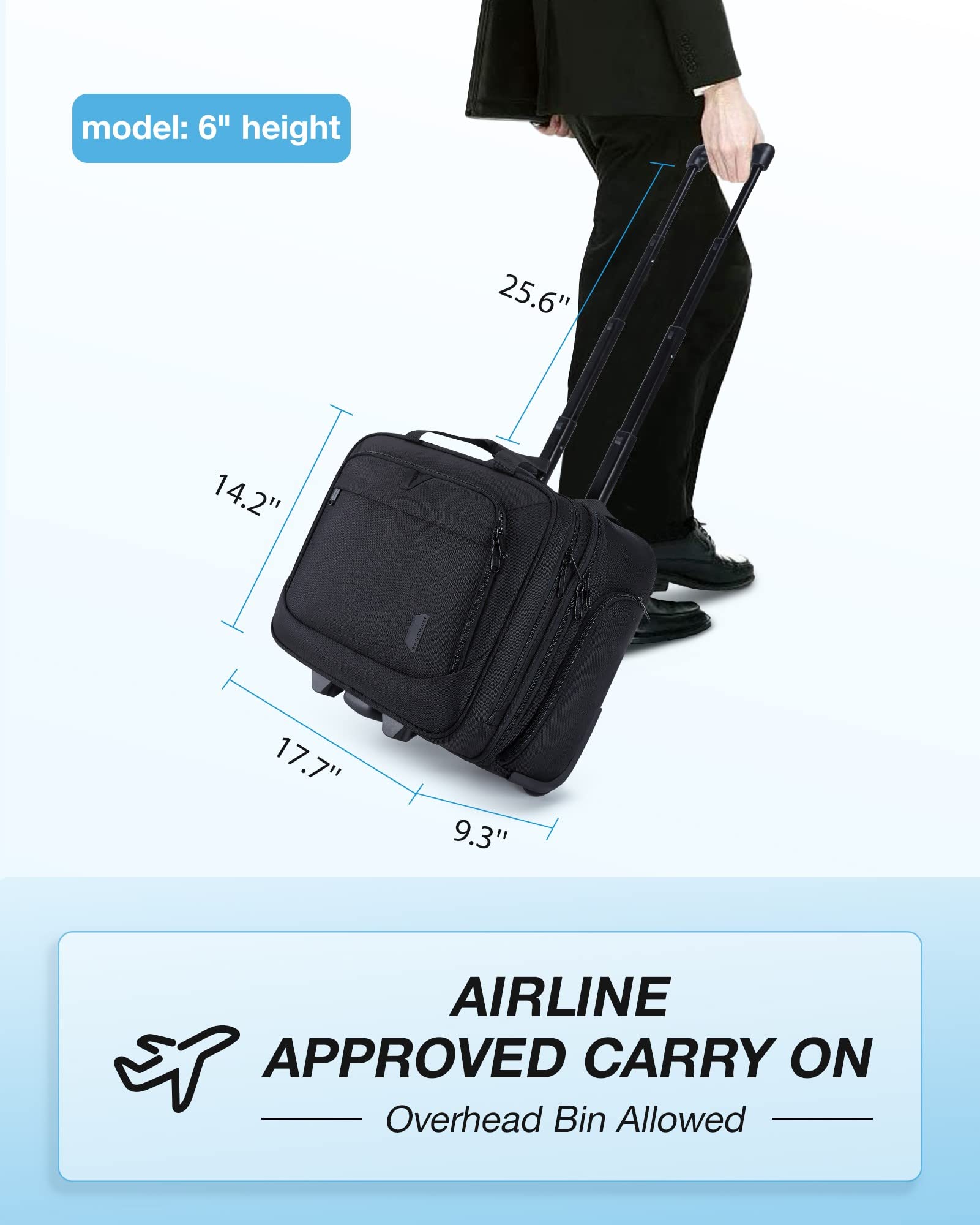 BAGSMART 17.3” Rolling Laptop Bag Briefcase, Computer Bag Laptop  Case Carry-on Luggage Bag with Wheels for Work Business Travel, Women & Men, Black