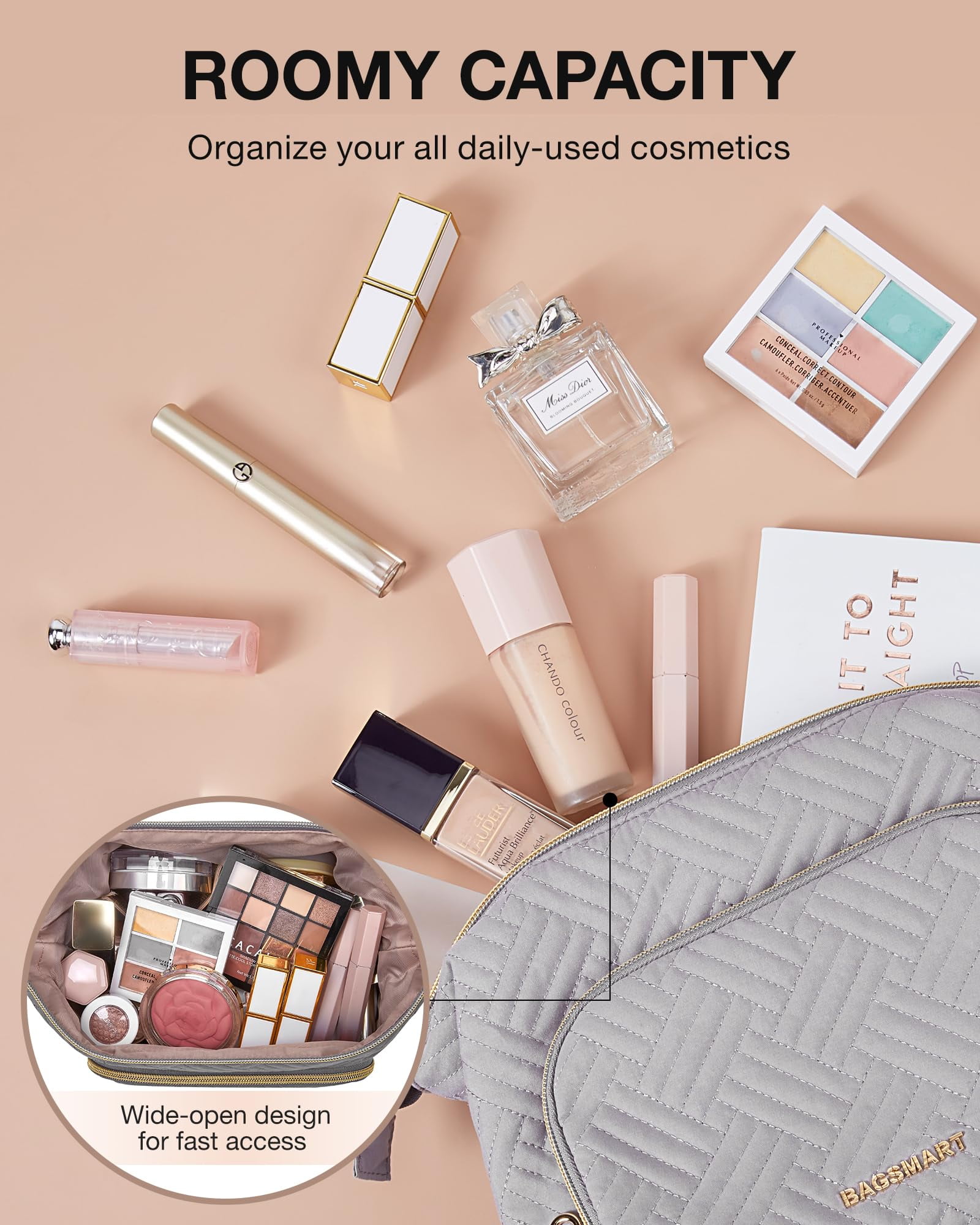 BAGSMART Large Size Makeup Bag Cosmetic Pouch, Travel Toiletry Bag Organizer Case for Lipsticks Electonic Accessories, Waterproof, Portable, Multifunction, Women and Girls, Gray