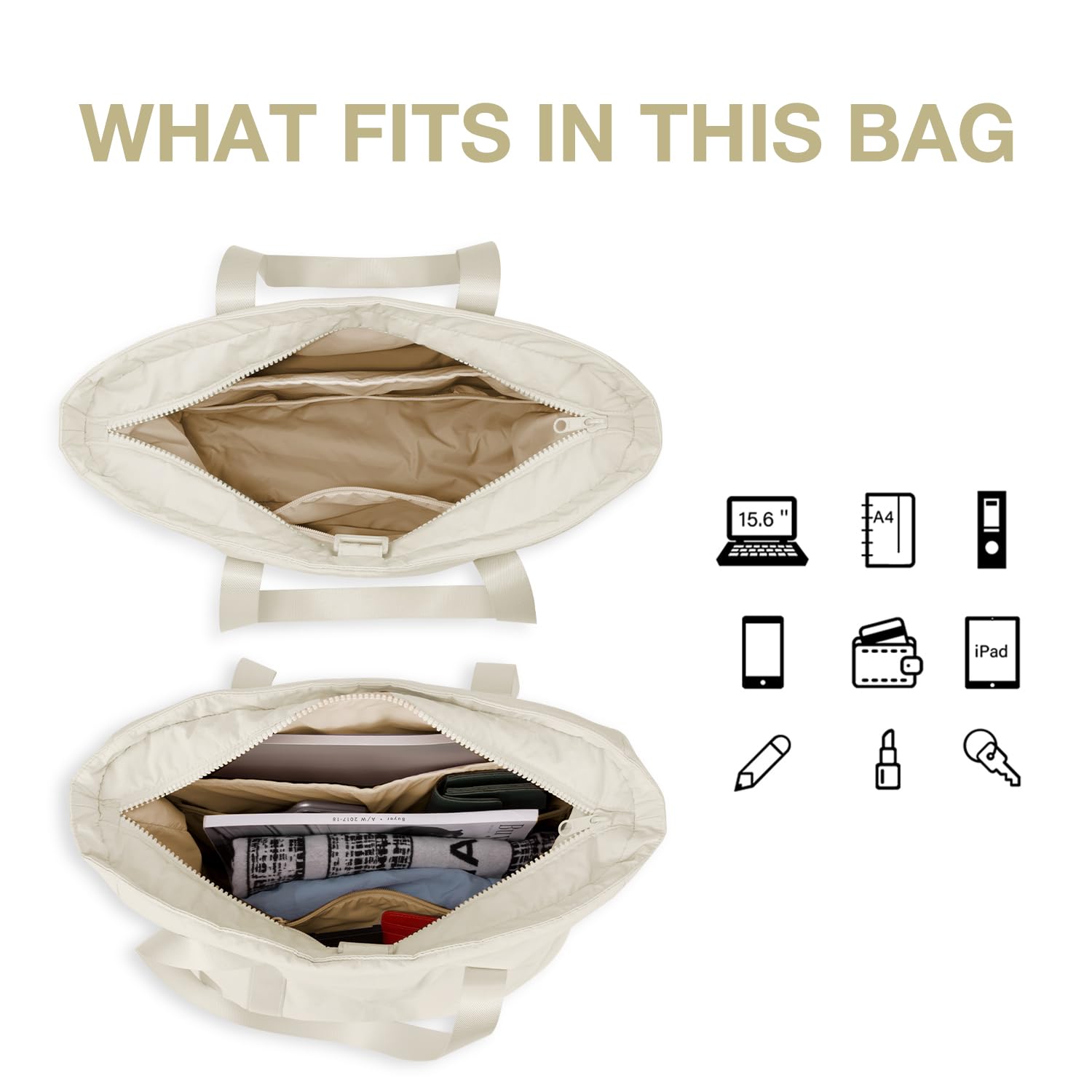 BAGSMART Tote Bag for Women Shoulder Handbags Yoga Mat Bag, Travel Duffel Bag Gym Bag Weekender Overnight Bag for Sports School Work, Multipurpose, Cream Color