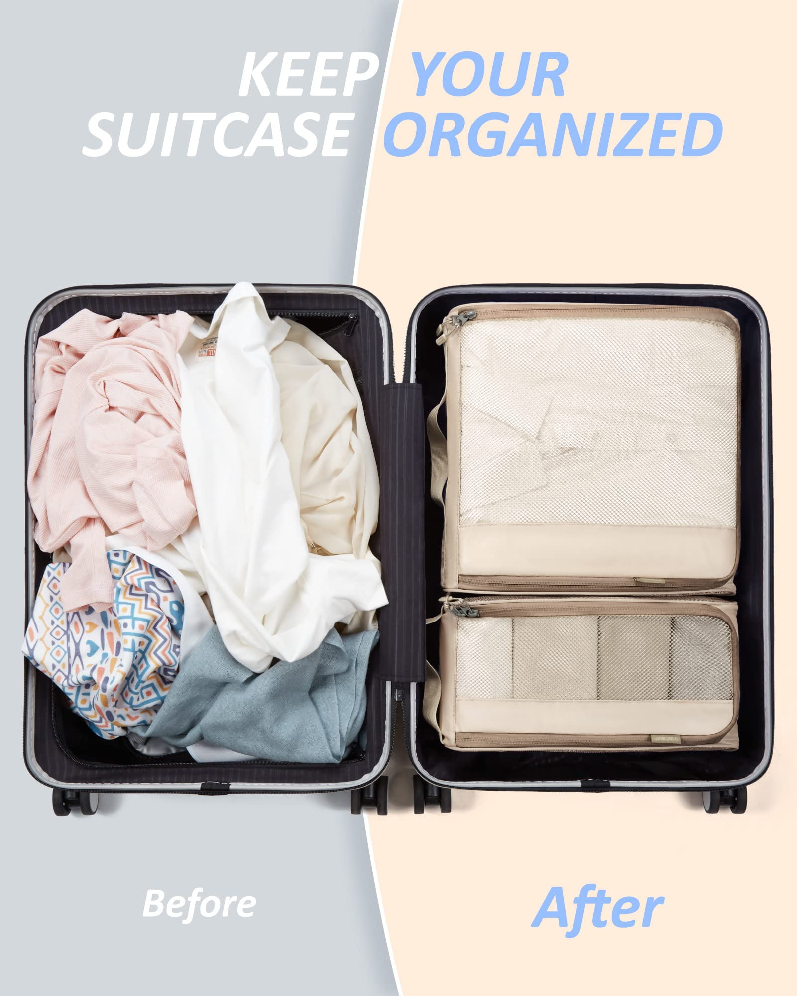 BAGSMART Packing Cubes for Luggage, 7 Set Keep Shape Travel Packing Organizers, Lightweight Suitcase Storage Bags for Travel Accessories with Shoe Bag for Women Men, White Opal