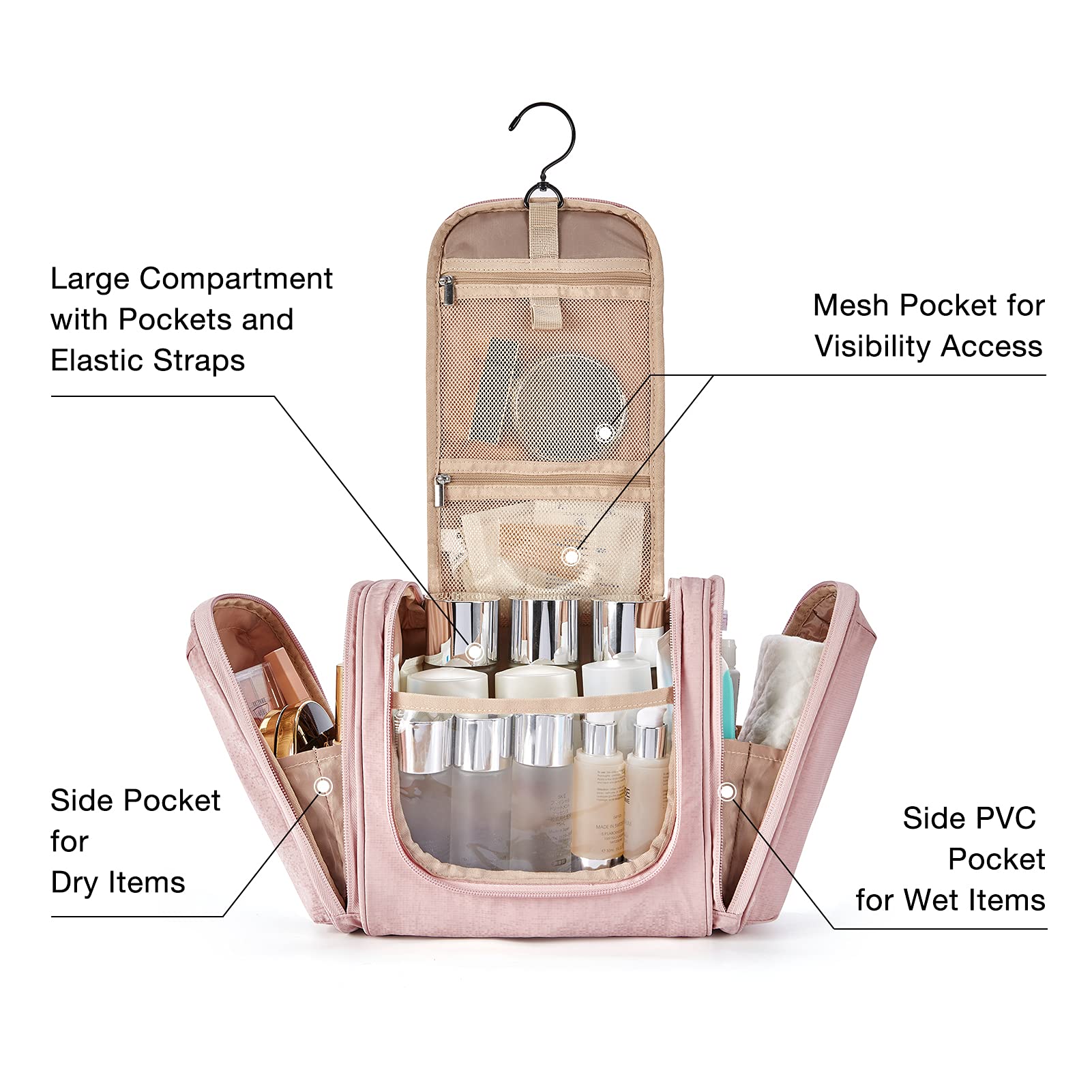 BAGSMART Extra Large Toiletry Bag Hanging Travel Makeup Cosmetic Bag, Water-resistant Large Capacity Travel Toiletries Organizer for Essentials, Women & Men, Medium Size-Baby Pink