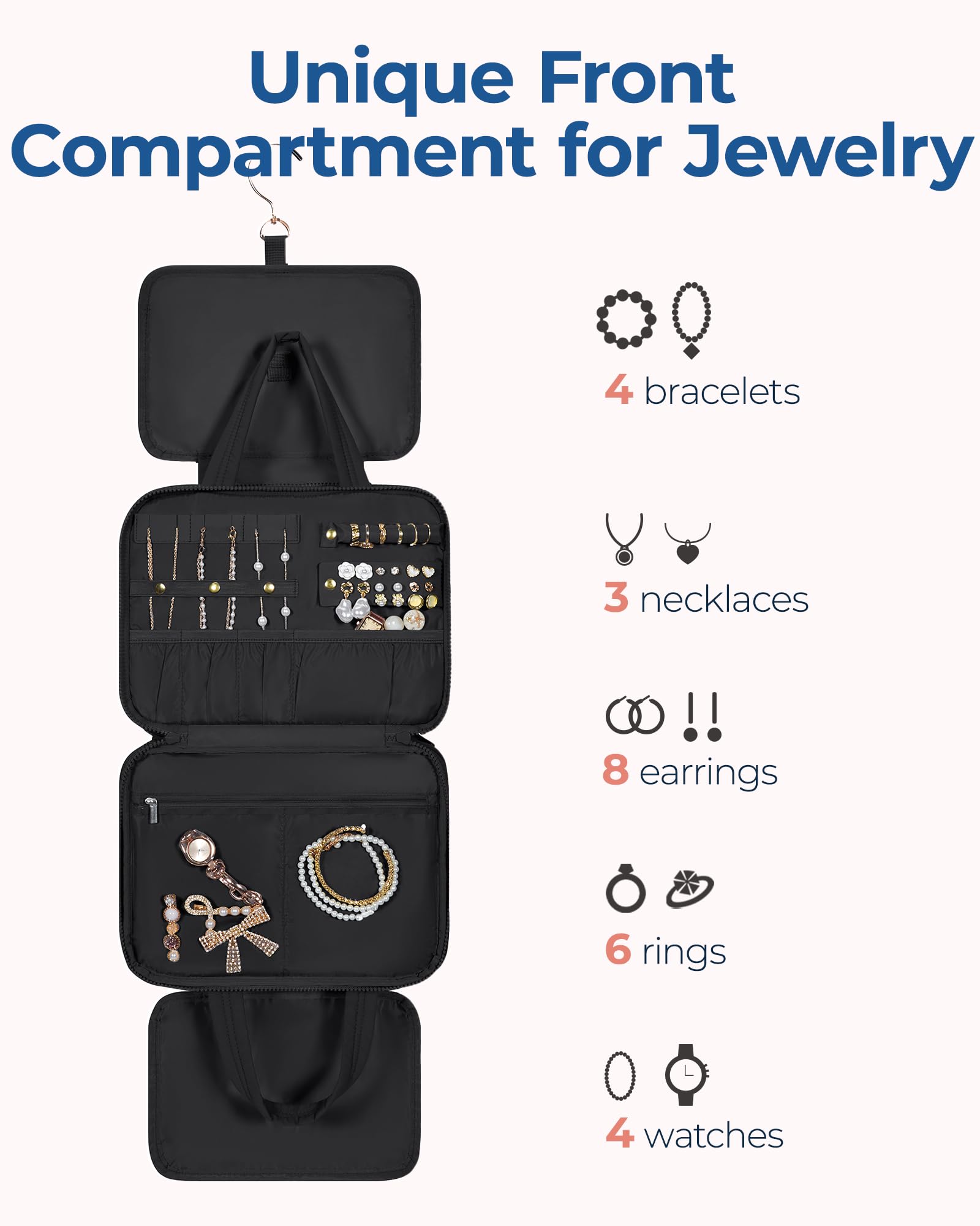 BAGSMART Travel Toiletry Bag with Jewelry Organizer, Puffy Makeup Cosmetic Bag with Hanging Hook for Toiletries Accessories Essentials, Women & Men, Medium Size-Black