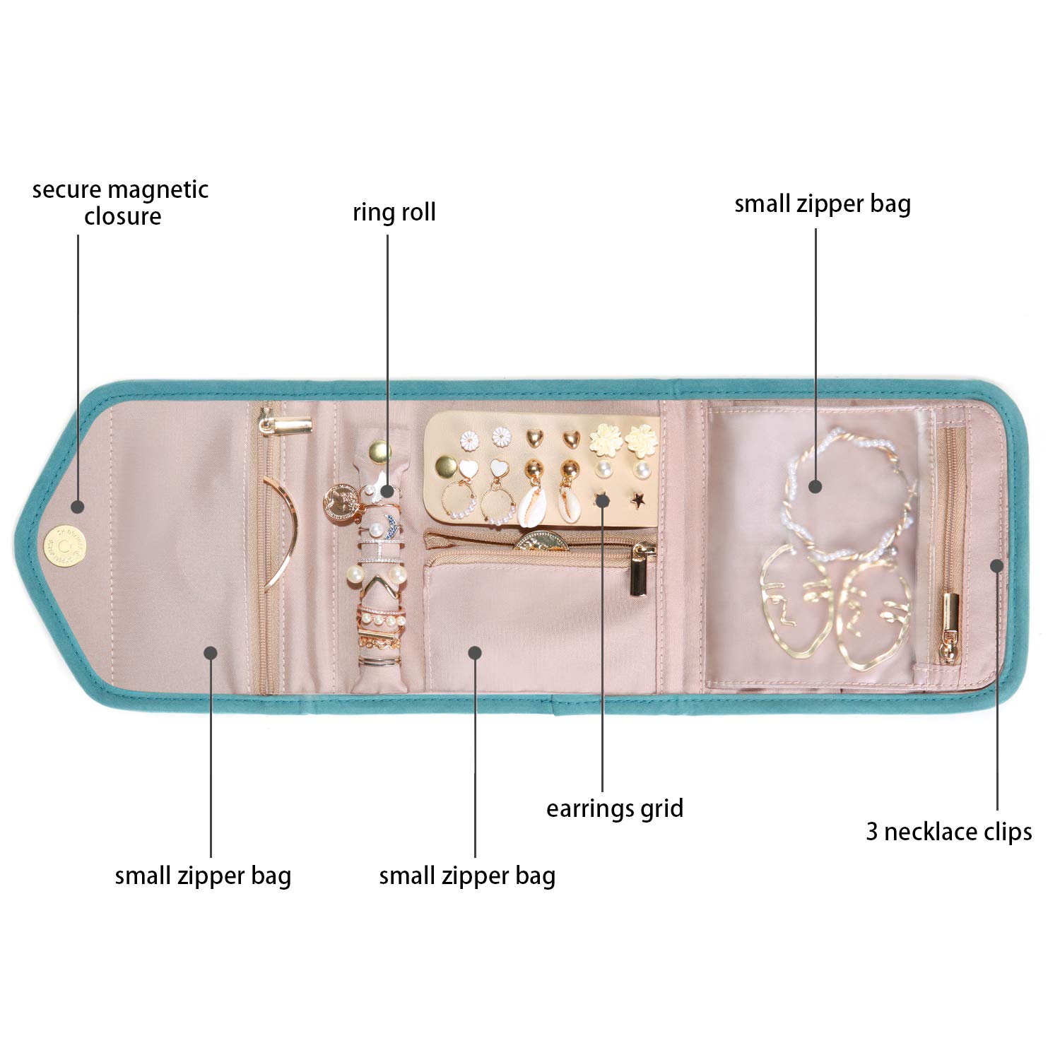 BAGSMART Travel Jewelry Organizer Storage Roll Foldable Jewelry Case Bag for Earrings, Journey-Rings, Necklaces, Bracelets, Brooches, Basic Size, Teal