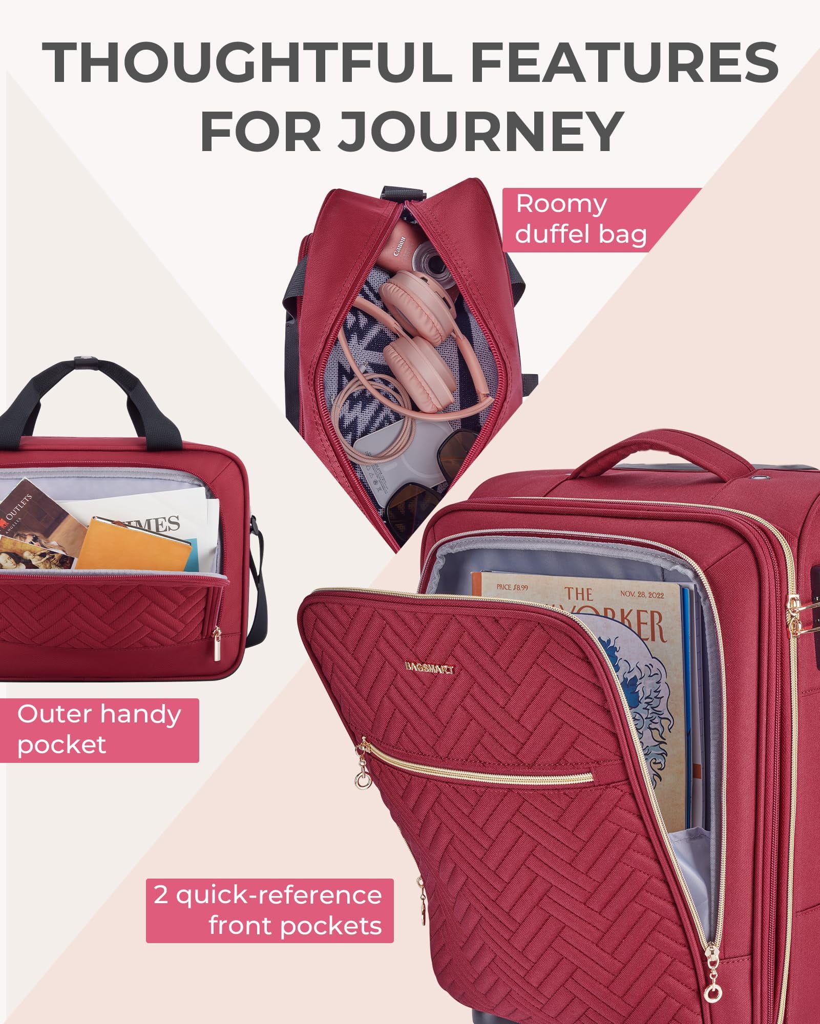 BAGSMART 2 Piece Softside Carry On Luggage Sets, 21 Inch Expandable Suitcase with Travel Duffle Boarding Bag, Lightweight Checked Luggage Airline Approved Suitcases with Spinner Wheels & TSA Lock, Red