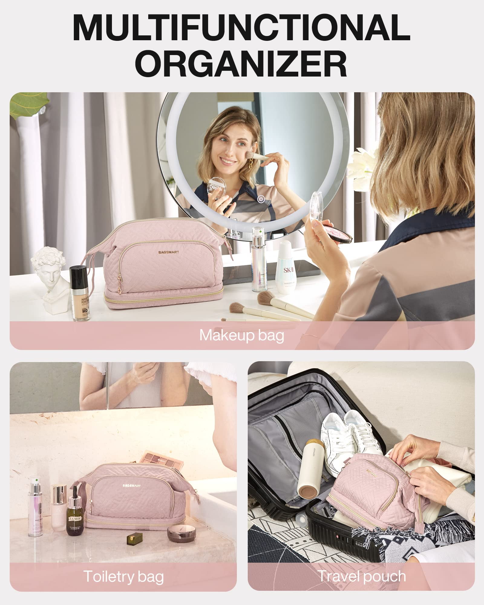 BAGSMART Double Layers Makeup Bag Cosmetic Pouch, Travel Toiletry Bag Organizer Case for Lipsticks Electonic Accessories, Waterproof, Portable, Multifunction, Women and Girls, Pink