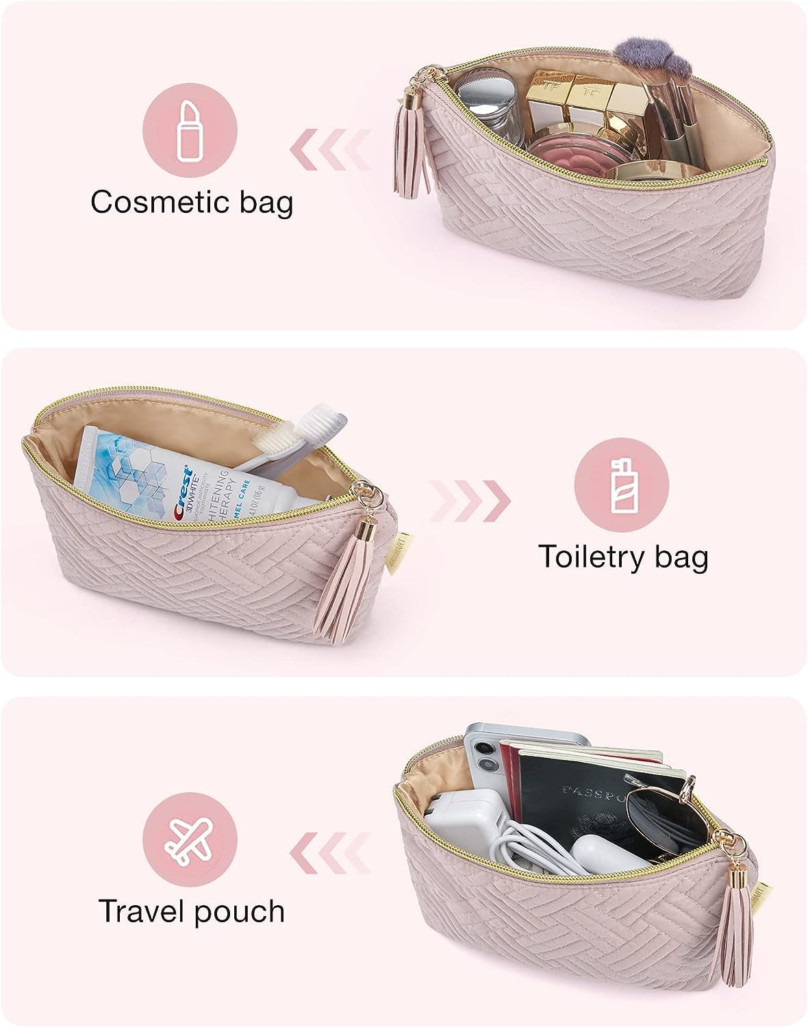 BAGSMART 2 Pack Makeup Bag Small Cosmetic Pouch Toiletry Bag Travel Organizer Case for Lipsticks Electonic Accessories, Waterproof, Portable, Multifunction, Women and Girls, Pink + Black