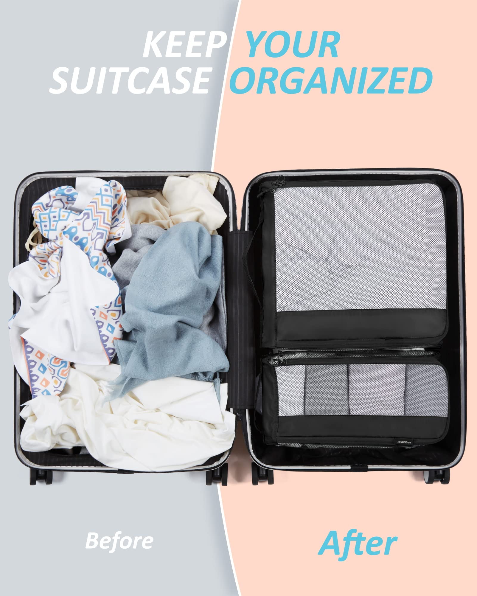 BAGSMART Packing Cubes for Luggage, 7 Set Keep Shape Travel Packing Organizers, Lightweight Suitcase Storage Bags for Travel Accessories with Shoe Bag for Women Men, Black