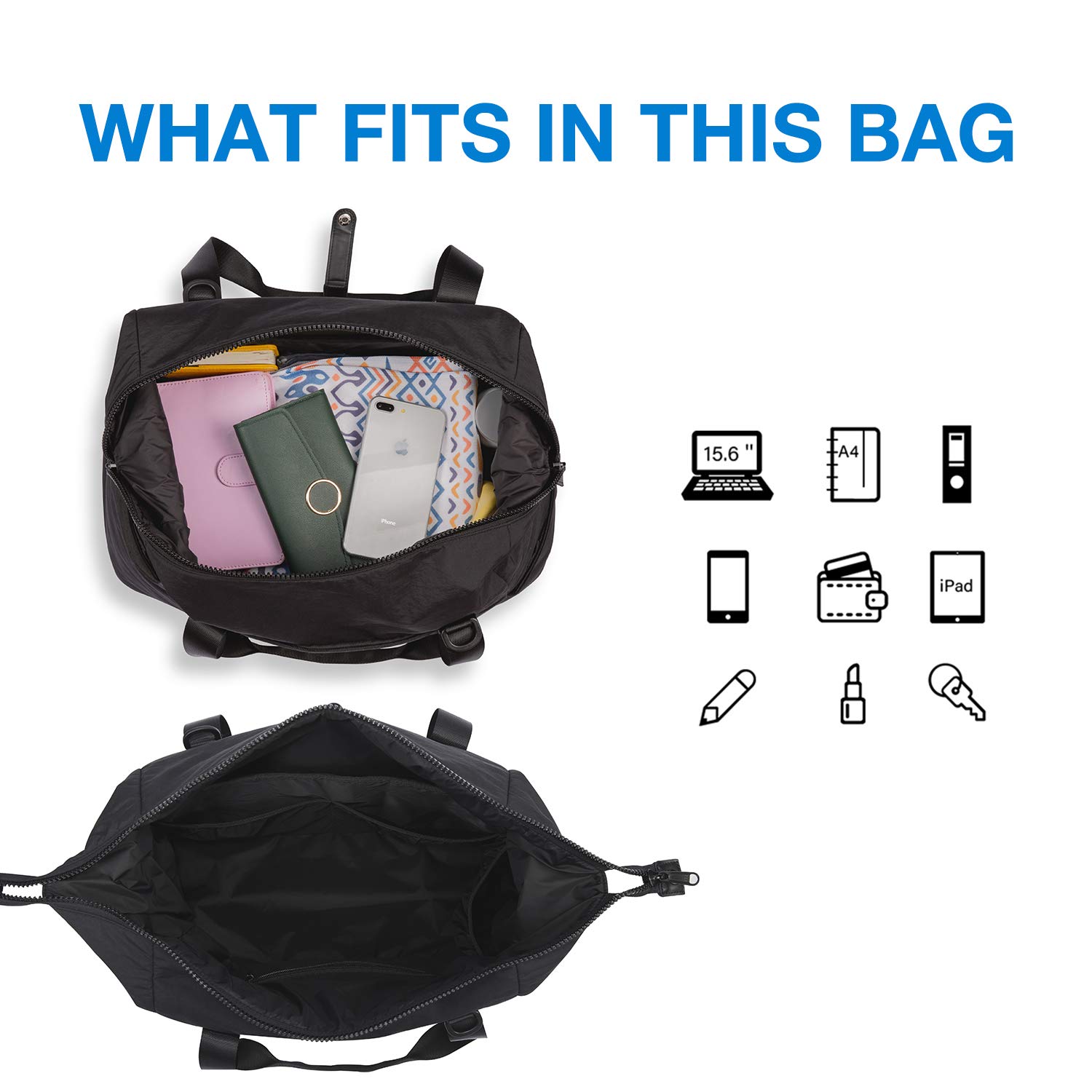 BAGSMART Travel Duffel Bag, Gym Tote Bag for Women & Men, Weekender Carry on Overnight Bag, Large Tote Bag Shoulder Handbag with Yoga Mat Buckle & Trolley Sleeve, 30L, Black