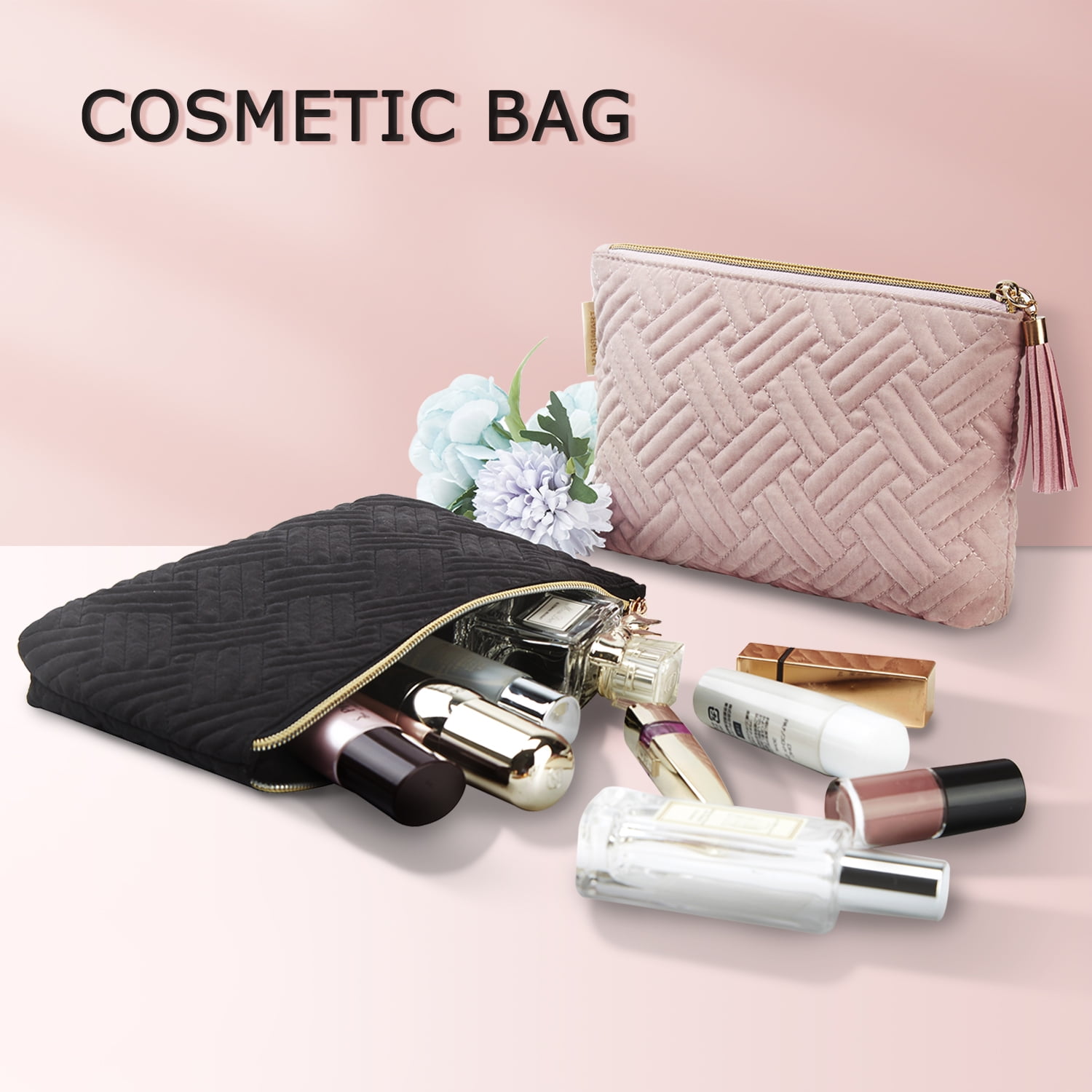 BAGSMART 2 Pack Makeup Bag Small Cosmetic Pouch Toiletry Bag Travel Organizer Case for Lipsticks Electonic Accessories, Waterproof, Portable, Multifunction, Women and Girls, Pink + Black