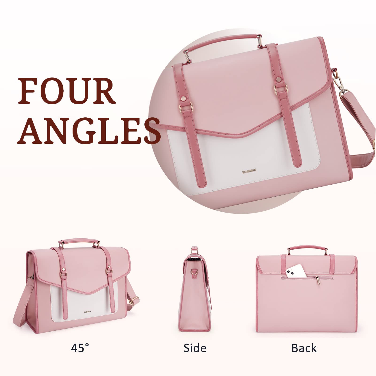 BAGSMART Laptop Bag for Women 15.6 inch Leather Briefcase Computer Tote Bag Messenger Backpack, Ladies Satchel Handbags Crossbody Shoulder Purse for College Work Office Business Travel, Pink