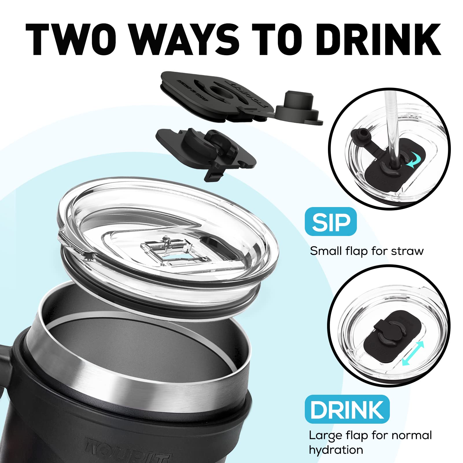 TOURIT Reusable Double Wall Vacuum Stainless Steel Insulated Tumbler 40 fl oz, Coffee Travel Mug Cups with 3 Way Lid, Straw & Handle, Water Bottle Sport for 34Hs Cold & 10Hs Hot, Women Men, Black