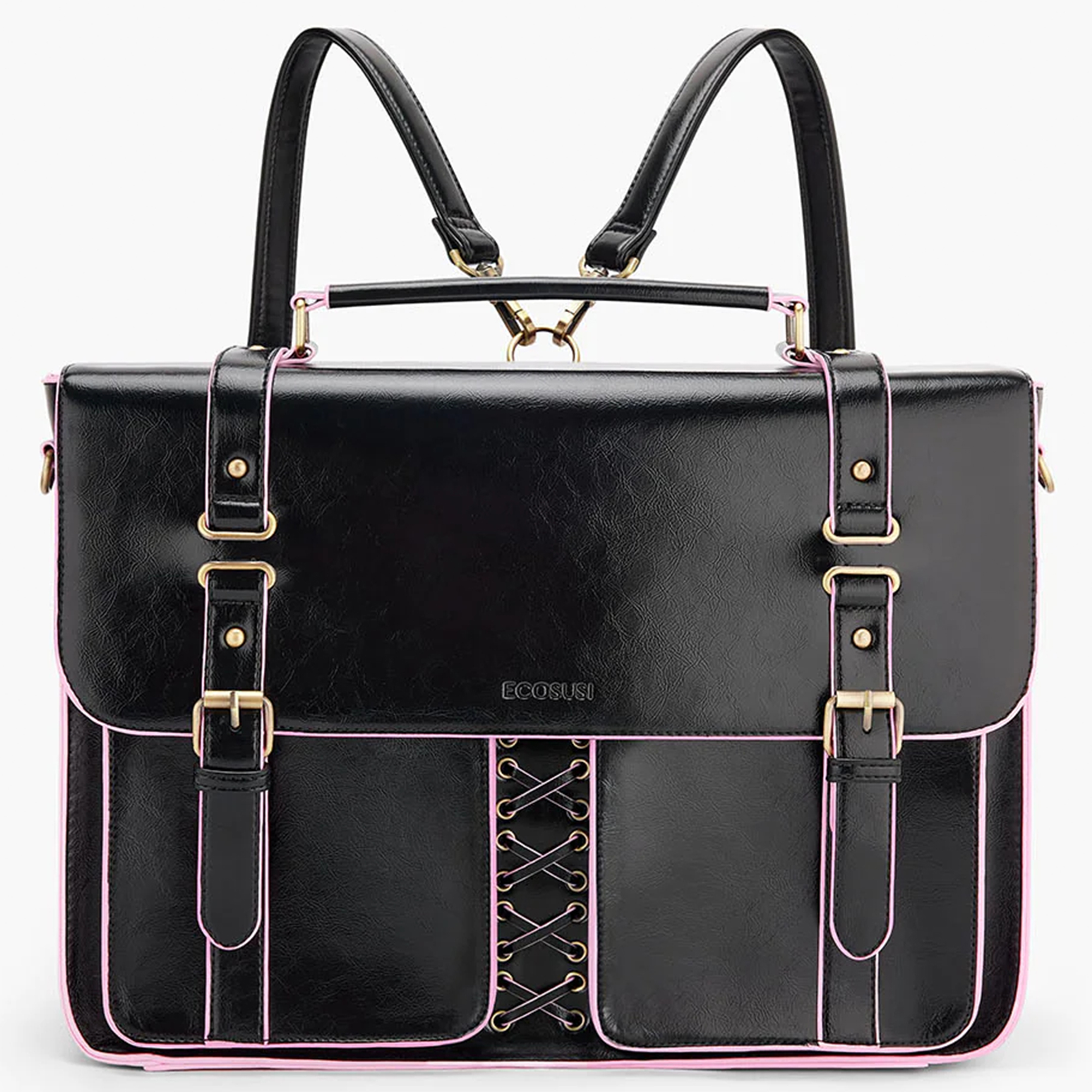 ECOSUSI Vintage Women Backpack for Laptop 15.6 inch Leather Briefcase Messenger Backpack, Computer Tote Bag Satchel Handbags Crossbody Shoulder for College Bookbag Work Casual Travel, Black