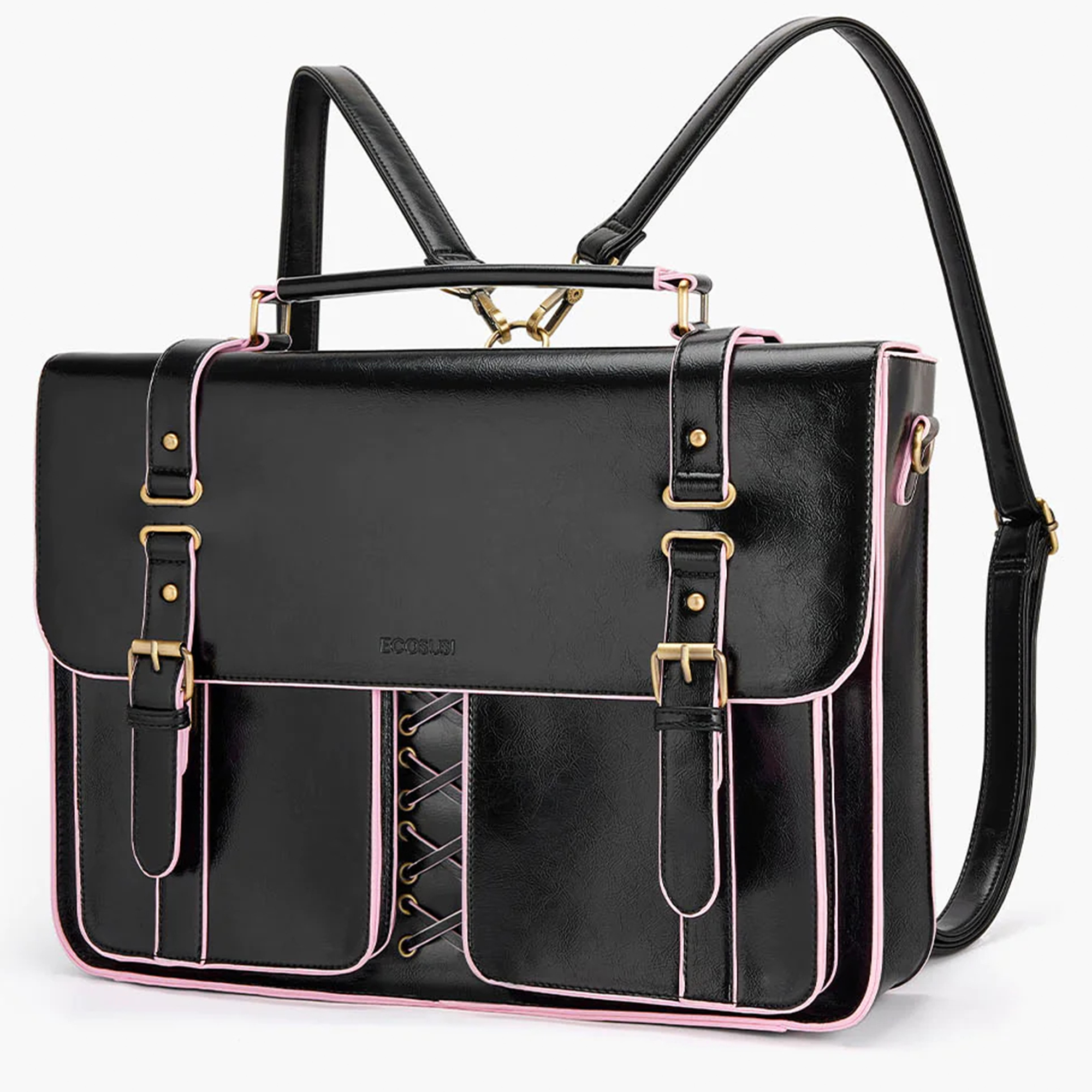 ECOSUSI Vintage Women Backpack for Laptop 15.6 inch Leather Briefcase Messenger Backpack, Computer Tote Bag Satchel Handbags Crossbody Shoulder for College Bookbag Work Casual Travel, Black