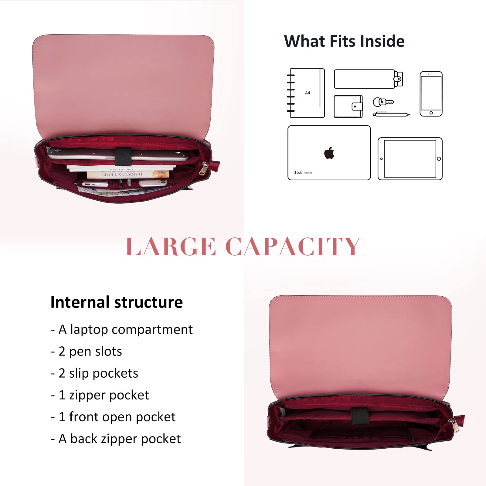 BAGSMART Leather Laptop Bag for Women Briefcase Messenger Backpack, 15.6 inch Computer Tote Bag Satchel Handbags Crossbody Shoulder Purse for College Work Office Business Travel, Pink