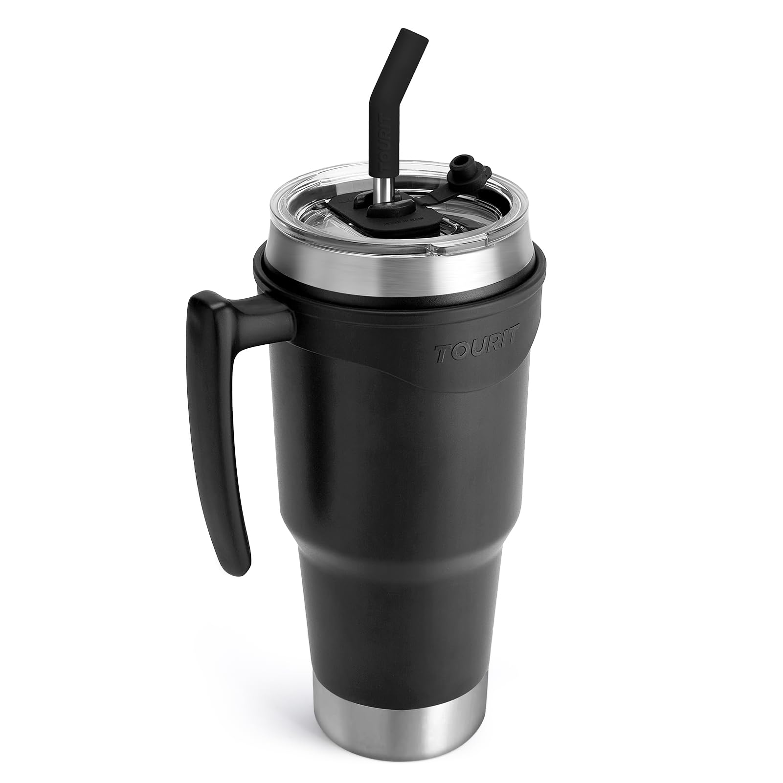 TOURIT Reusable Double Wall Vacuum Stainless Steel Insulated Tumbler 40 fl oz, Coffee Travel Mug Cups with 3 Way Lid, Straw & Handle, Water Bottle Sport for 34Hs Cold & 10Hs Hot, Women Men, Black