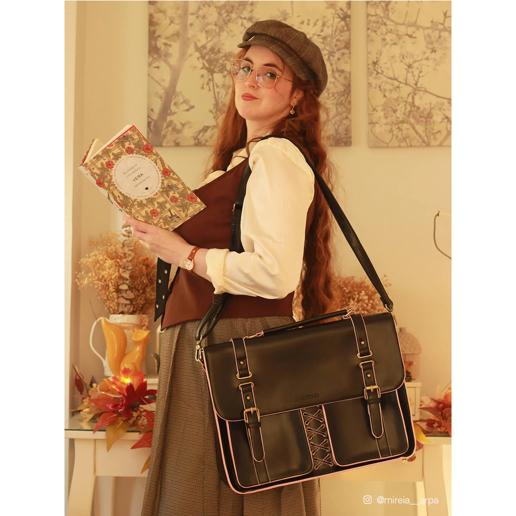 ECOSUSI Vintage Women Backpack for Laptop 15.6 inch Leather Briefcase Messenger Backpack, Computer Tote Bag Satchel Handbags Crossbody Shoulder for College Bookbag Work Casual Travel, Black