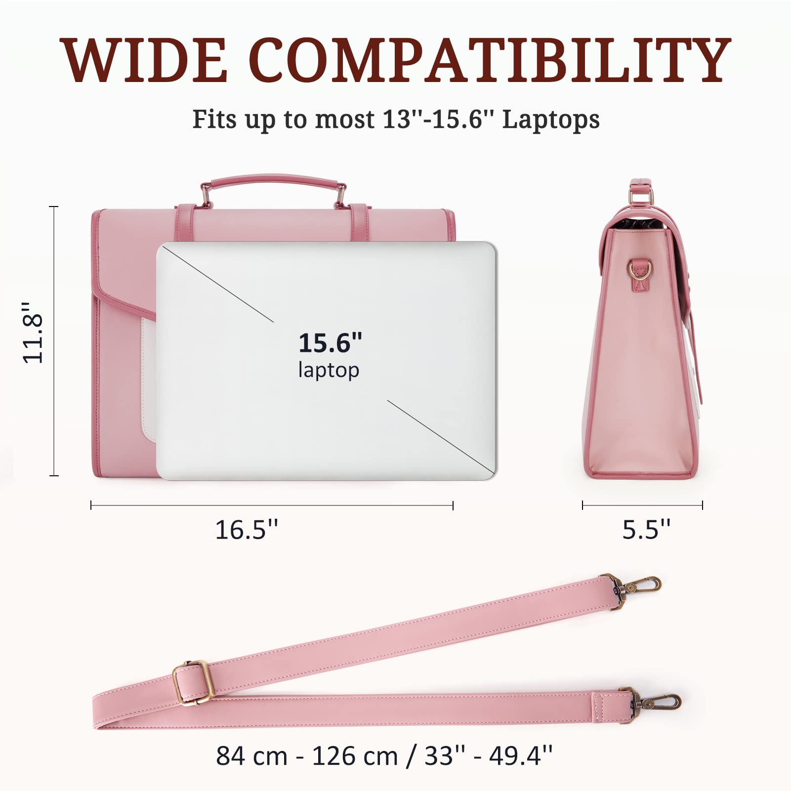 BAGSMART Laptop Bag for Women 15.6 inch Leather Briefcase Computer Tote Bag Messenger Backpack, Ladies Satchel Handbags Crossbody Shoulder Purse for College Work Office Business Travel, Pink