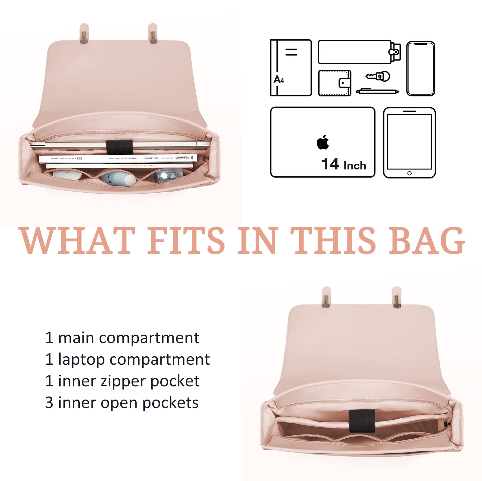 BAGSMART Leather Laptop Briefcase for Women Messenger Backpack, Ladies Satchel Handbags Tote Bag Crossbody Shoulder Purse for 14 inch Computer Bag, College Work Office Business Travel, Pink