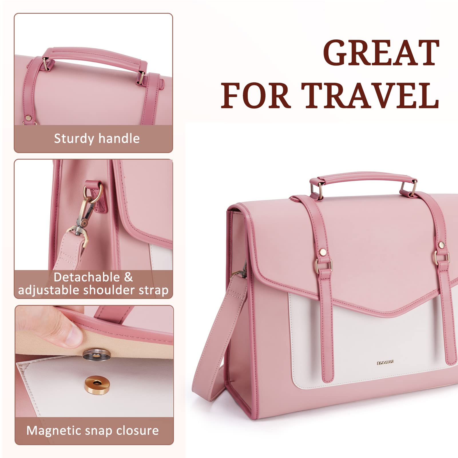 BAGSMART Laptop Bag for Women 15.6 inch Leather Briefcase Computer Tote Bag Messenger Backpack, Ladies Satchel Handbags Crossbody Shoulder Purse for College Work Office Business Travel, Pink