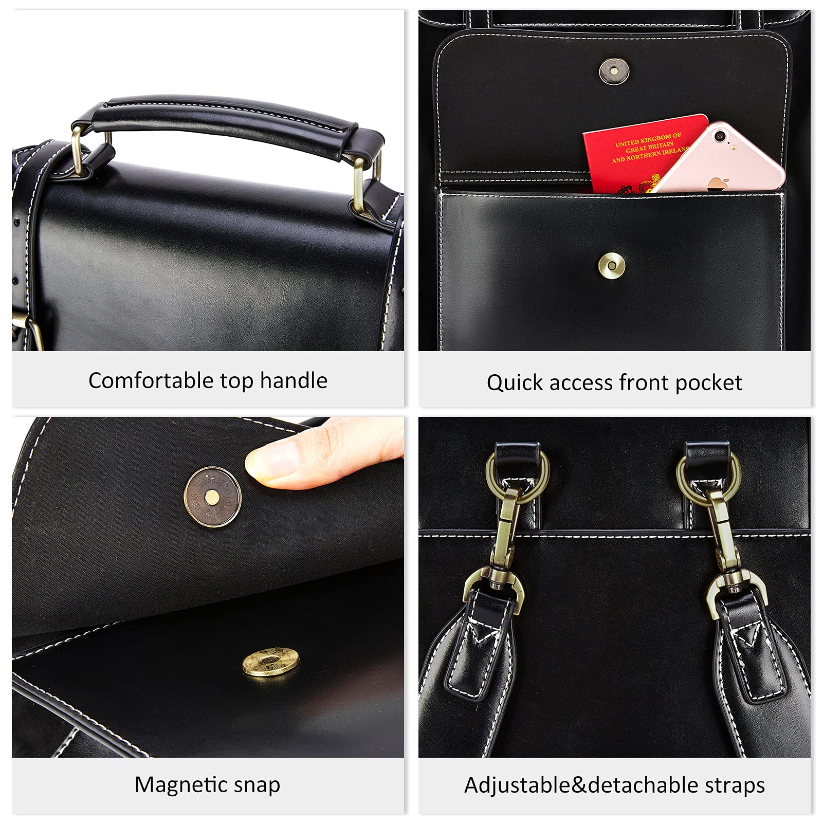 BAGSMART Vintage Laptop Backpack for Women, 15.6 inch Leather Computer Bag for College Bookbag Work Business Casual Travel, Black