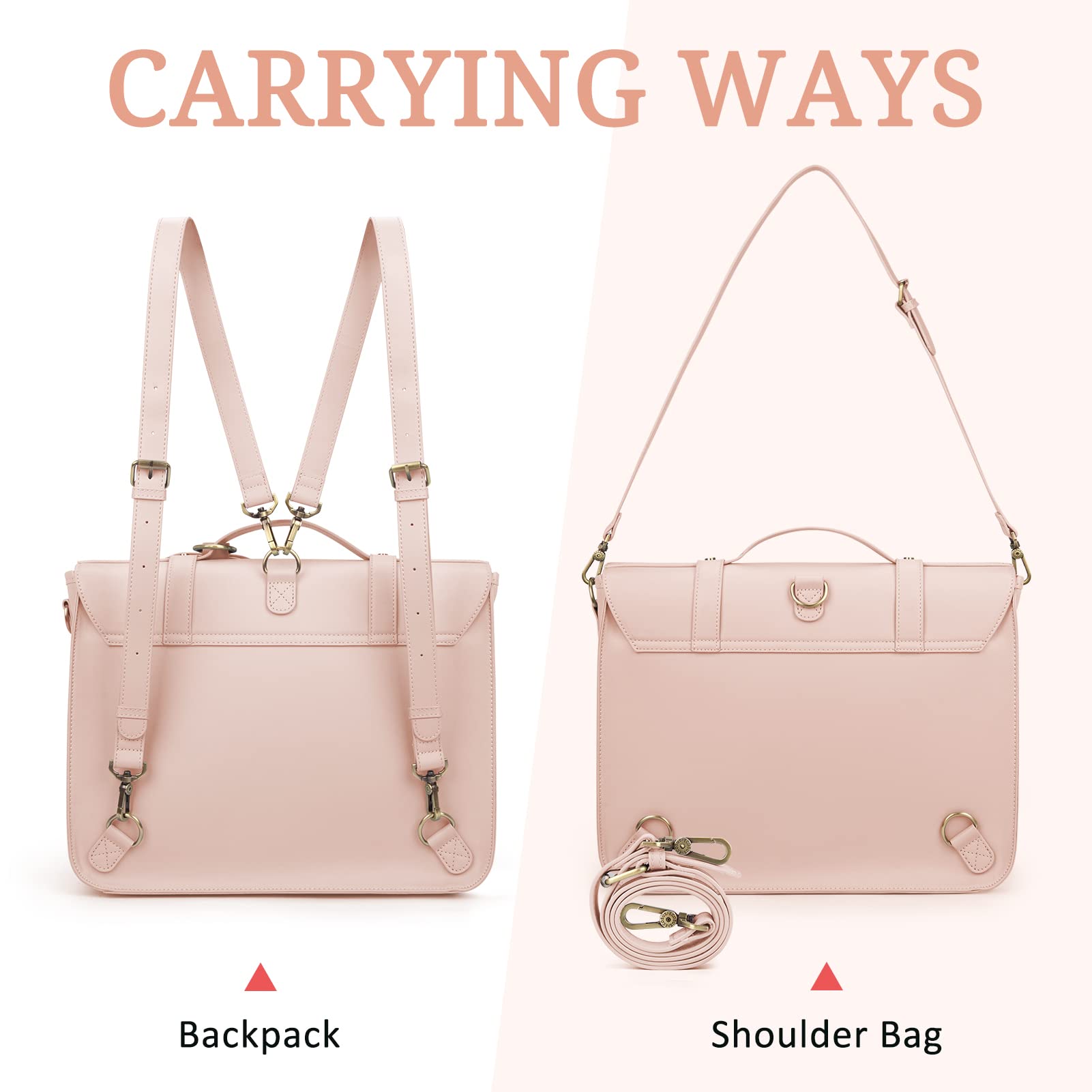 BAGSMART Leather Laptop Briefcase for Women Messenger Backpack, Ladies Satchel Handbags Tote Bag Crossbody Shoulder Purse for 14 inch Computer Bag, College Work Office Business Travel, Pink