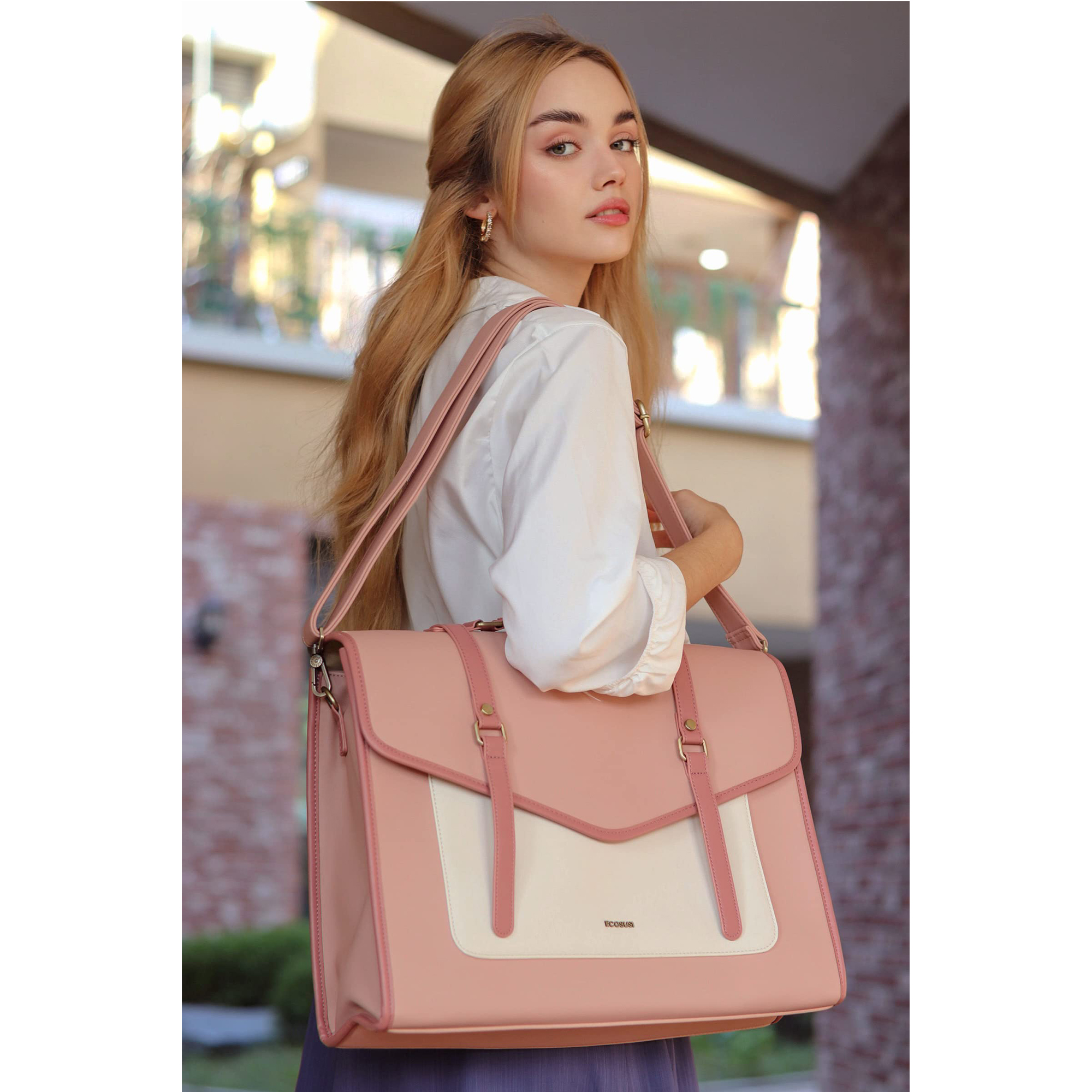 BAGSMART Laptop Bag for Women 15.6 inch Leather Briefcase Computer Tote Bag Messenger Backpack, Ladies Satchel Handbags Crossbody Shoulder Purse for College Work Office Business Travel, Pink