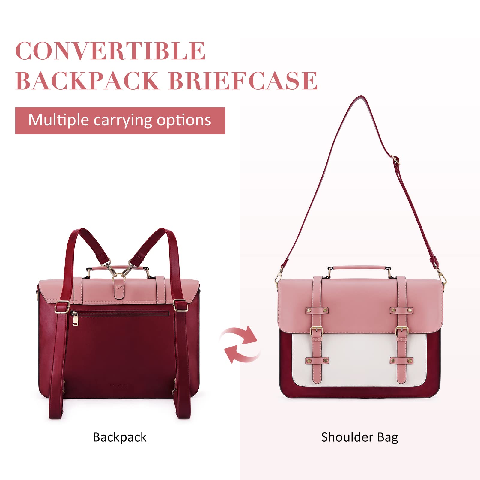 BAGSMART Leather Laptop Bag for Women Briefcase Messenger Backpack, 15.6 inch Computer Tote Bag Satchel Handbags Crossbody Shoulder Purse for College Work Office Business Travel, Pink