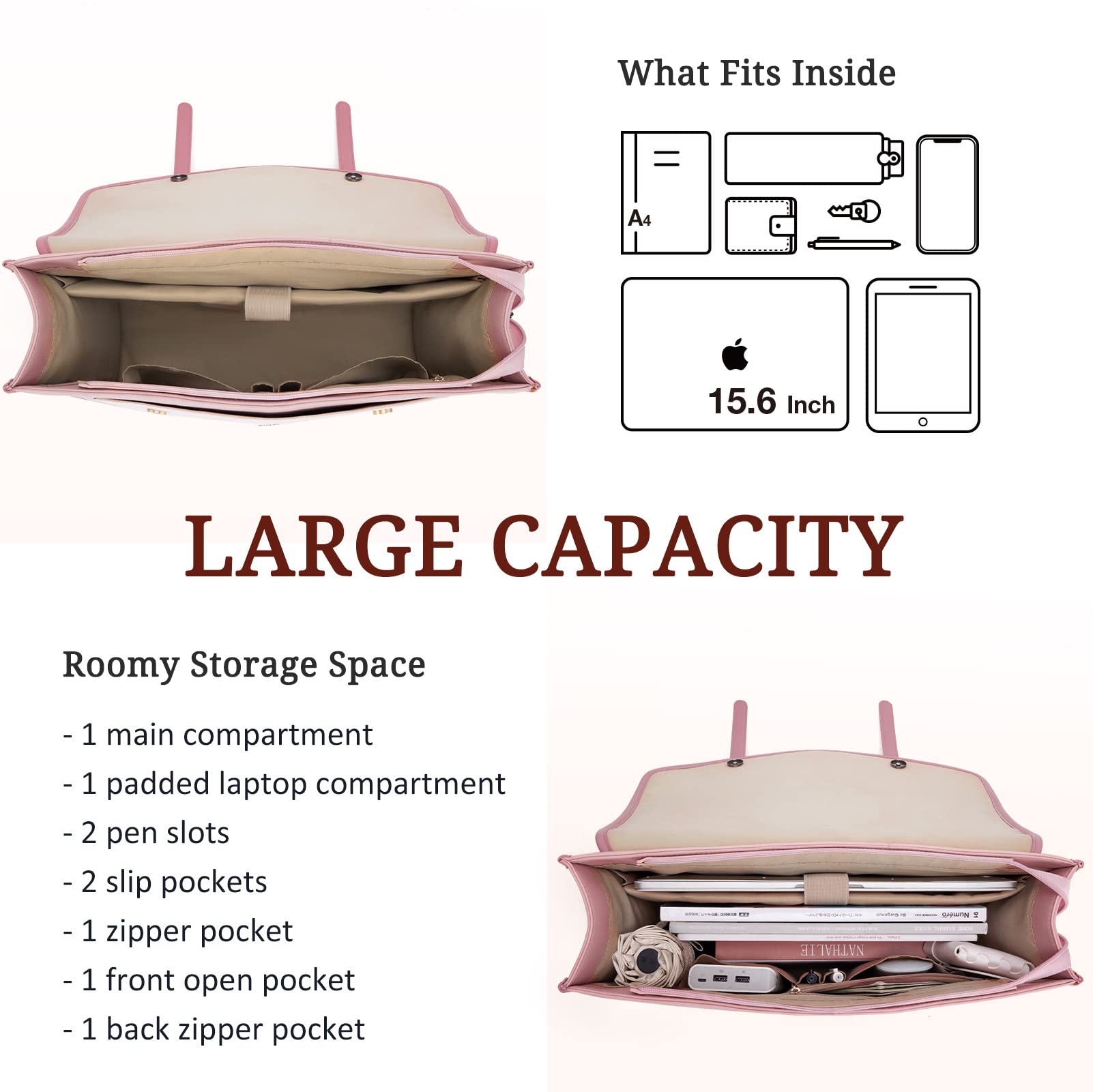 BAGSMART Laptop Bag for Women 15.6 inch Leather Briefcase Computer Tote Bag Messenger Backpack, Ladies Satchel Handbags Crossbody Shoulder Purse for College Work Office Business Travel, Pink