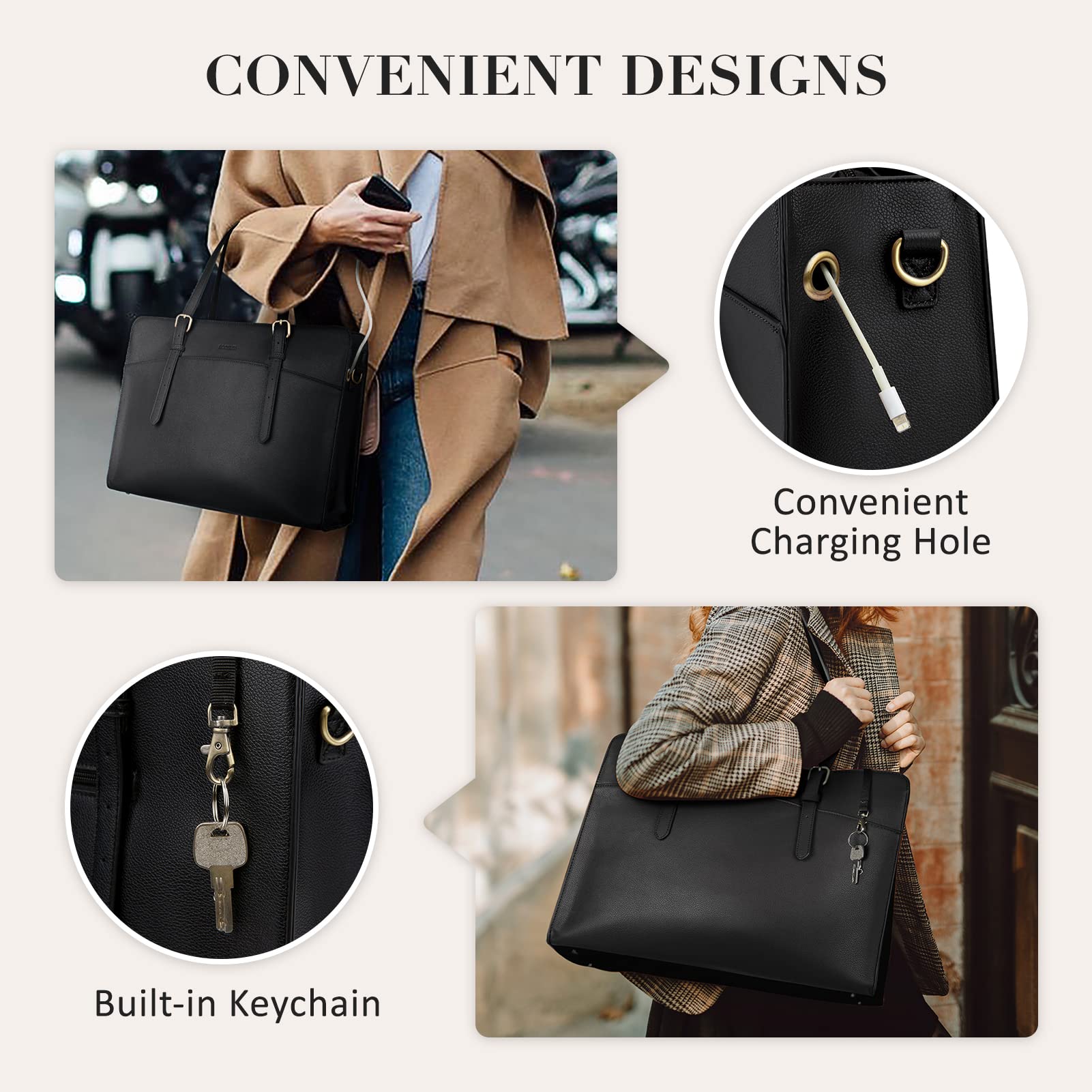 BAGSMART Leather Laptop Tote Bag for Women 15.6 Inch Computer Briefcase Waterproof Handbag Shoulder Bag for Work Office Business College Daily Travel, Black