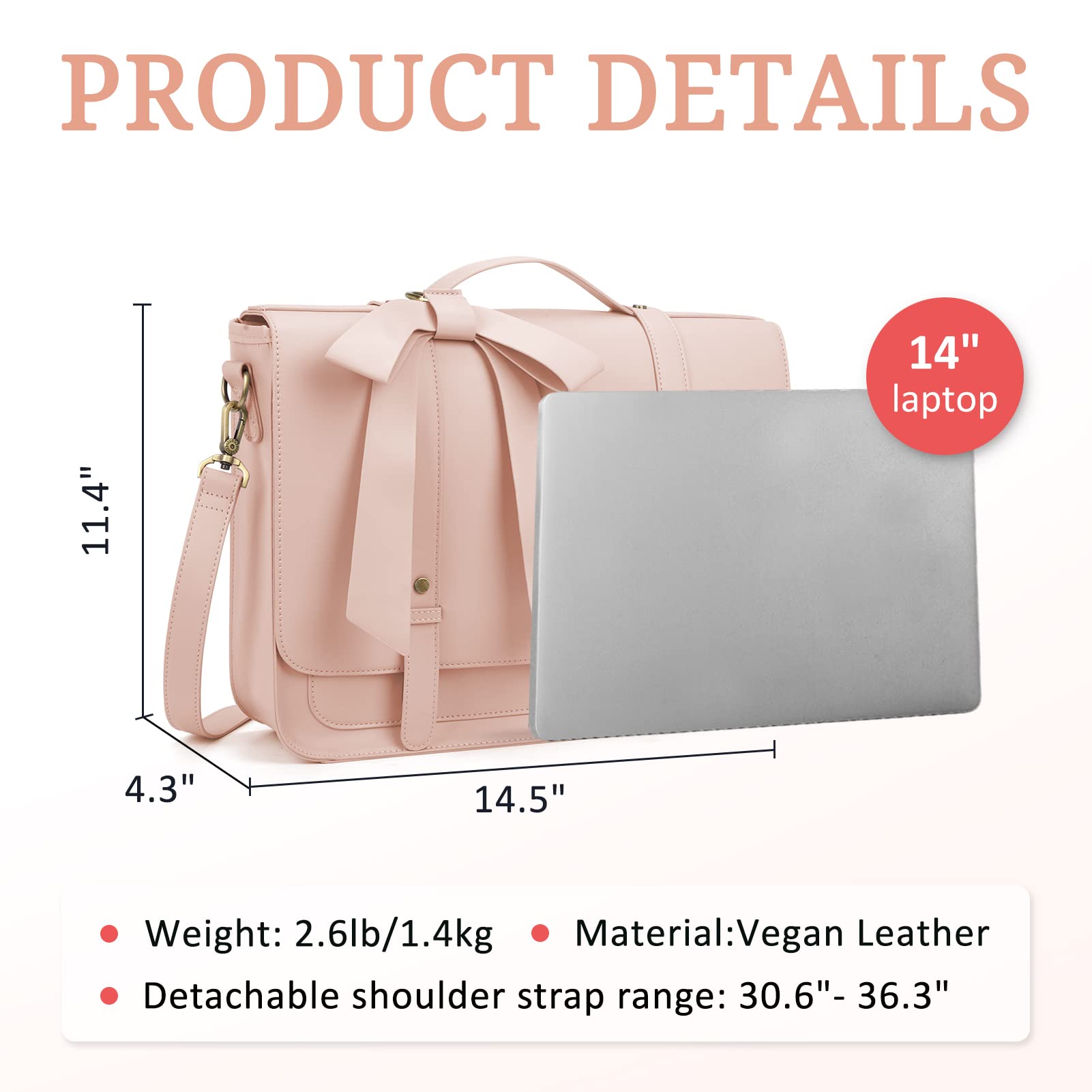 BAGSMART Leather Laptop Briefcase for Women Messenger Backpack, Ladies Satchel Handbags Tote Bag Crossbody Shoulder Purse for 14 inch Computer Bag, College Work Office Business Travel, Pink