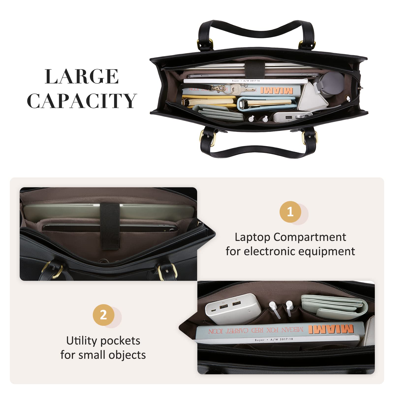 BAGSMART Leather Laptop Tote Bag for Women 15.6 Inch Computer Briefcase Waterproof Handbag Shoulder Bag for Work Office Business College Daily Travel, Black