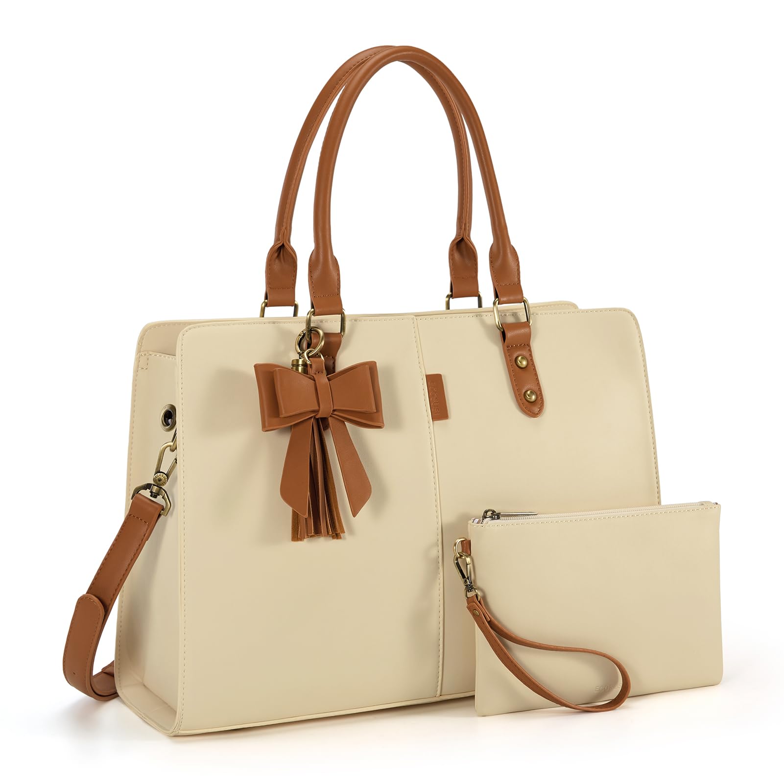 ECOSUSI 2 PCS Set Leather Laptop Tote Bag for Women 15.6 Inch Computer Briefcase Waterproof Handbag Shoulder Bag Purse for Tablet Work Office Business College Daily Travel, Brown & Cream Color