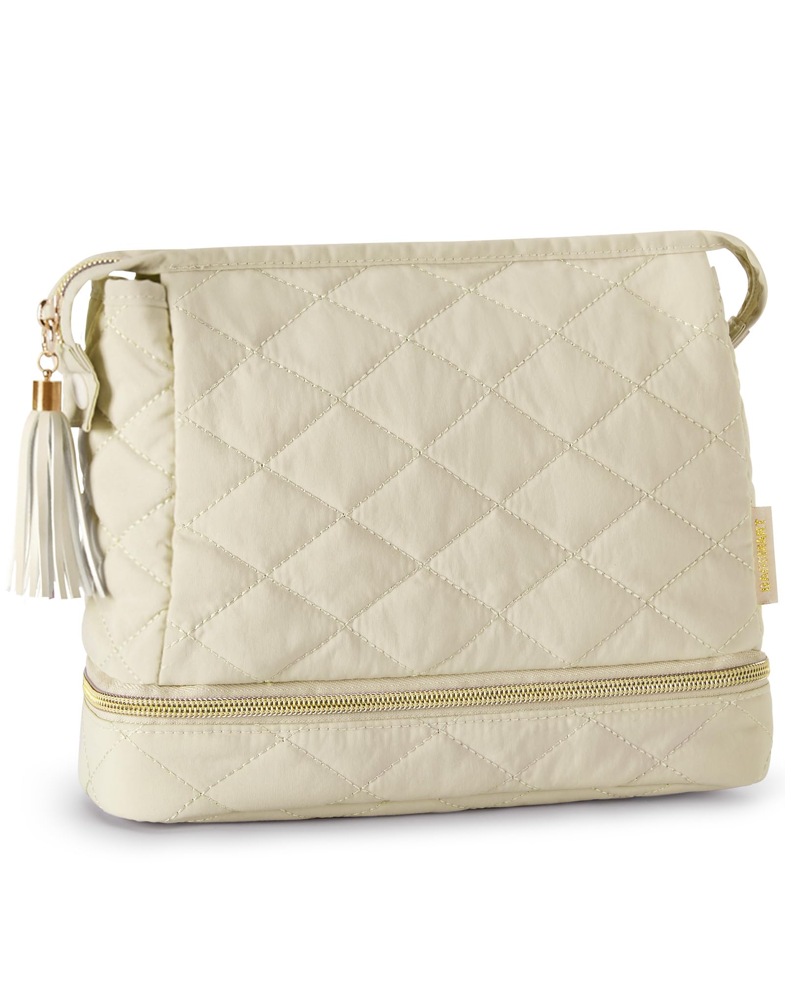 BAGSMART Double Layer Makeup Bag Cosmetic Pouch Large Capacity Travel Toiletry Bag Organizer Case Accessories for Women Girls,  Cream Color