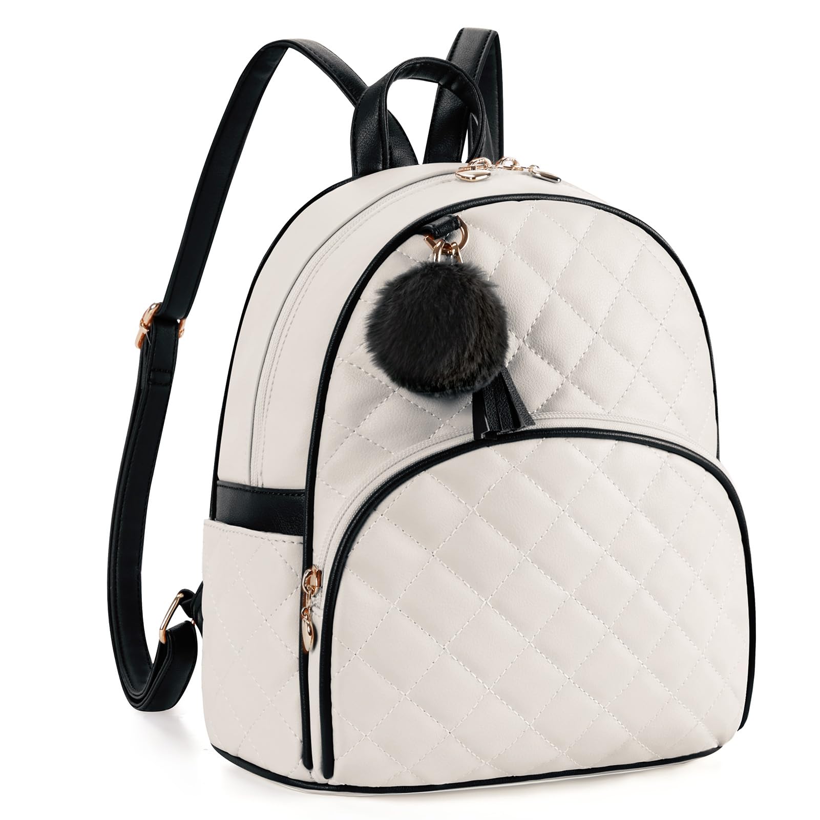 ECOSUSI Mini Backpack Leather Backpack Purse for Women Ladies Shoulder Bag, Fashion Small Mini Handbag with Cute Pom CharmTassel for Travel Casual Commute Bookbag, Girls, Black&Cream Color