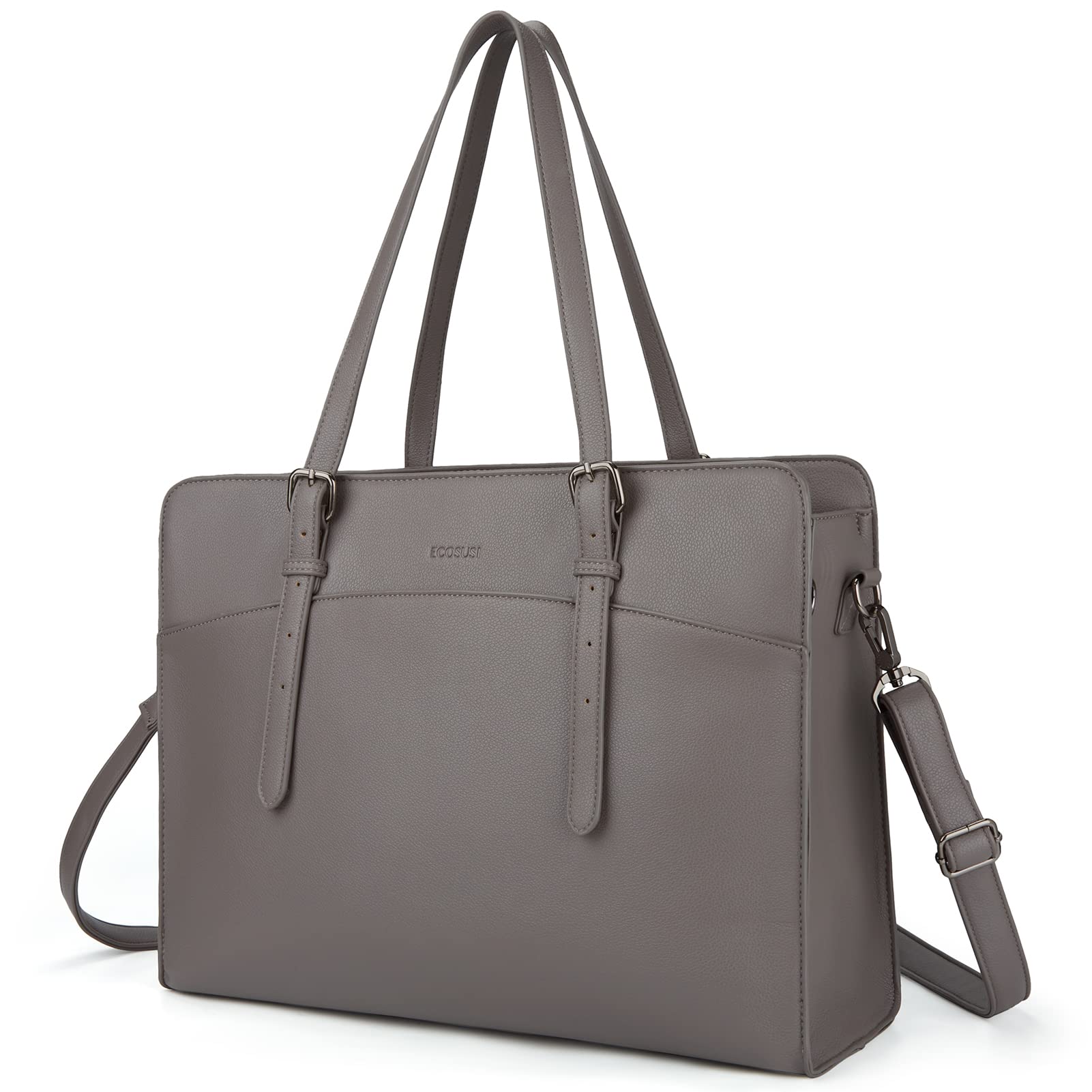 ECOSUSI Leather Laptop Tote Bag for Women 15.6 Inch Computer Briefcase Waterproof Handbag Shoulder Bag Purse for Tablet Work Office Business College Daily Travel, Gray