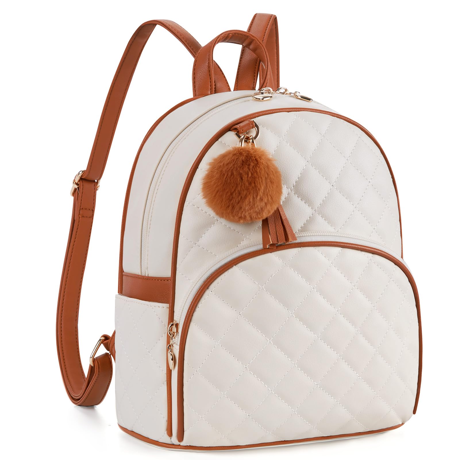 ECOSUSI Mini Backpack Leather Backpack Purse for Women Ladies Shoulder Bag, Fashion Small Mini Handbag with Cute Pom CharmTassel for Travel Casual Commute Bookbag, Girls, Brown&Cream Color