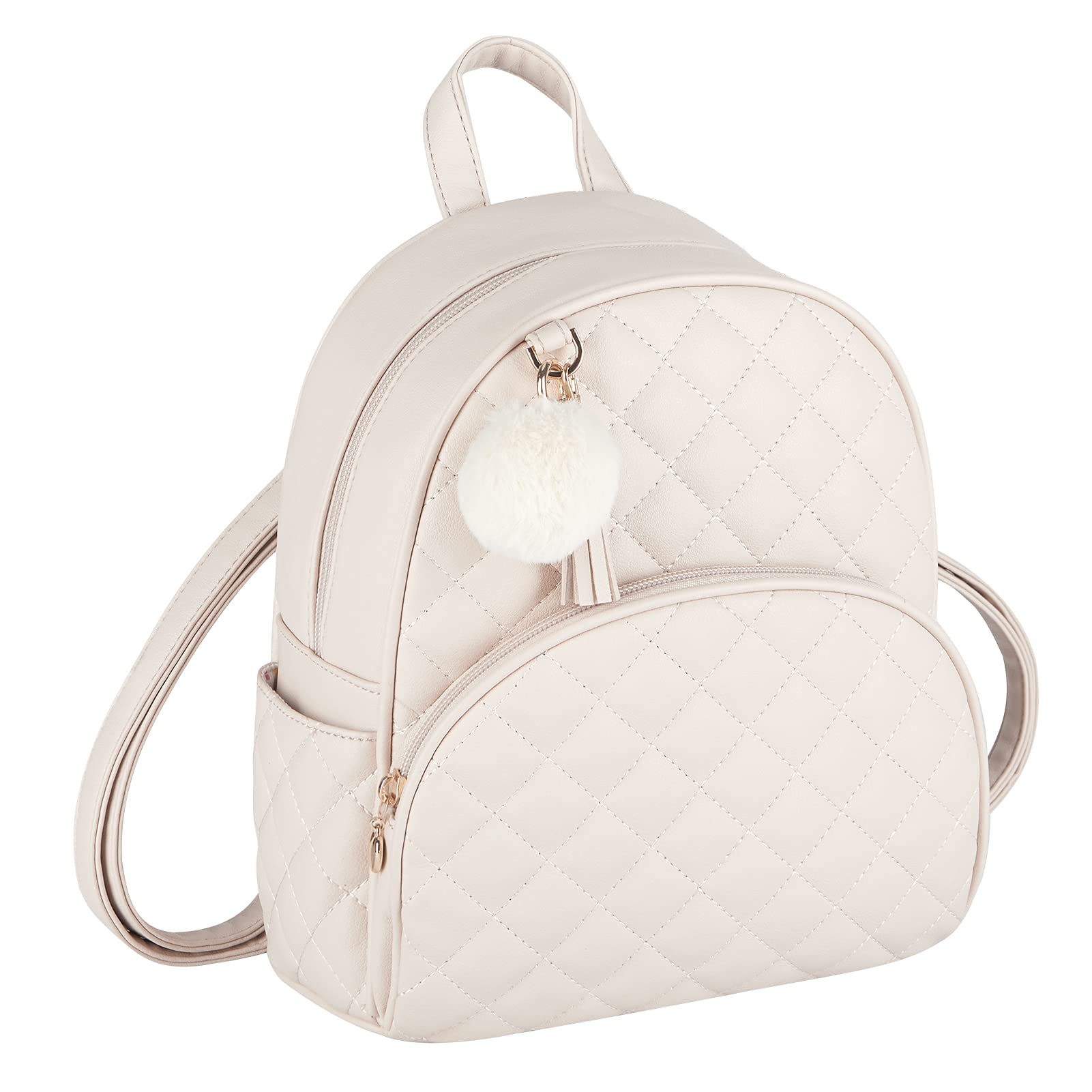 ECOSUSI Mini Backpack Leather Backpack Purse for Women Ladies Shoulder Bag, Fashion Small Mini Handbag with Cute Pom CharmTassel for Travel Casual Commute Bookbag, Girls, Cream Color