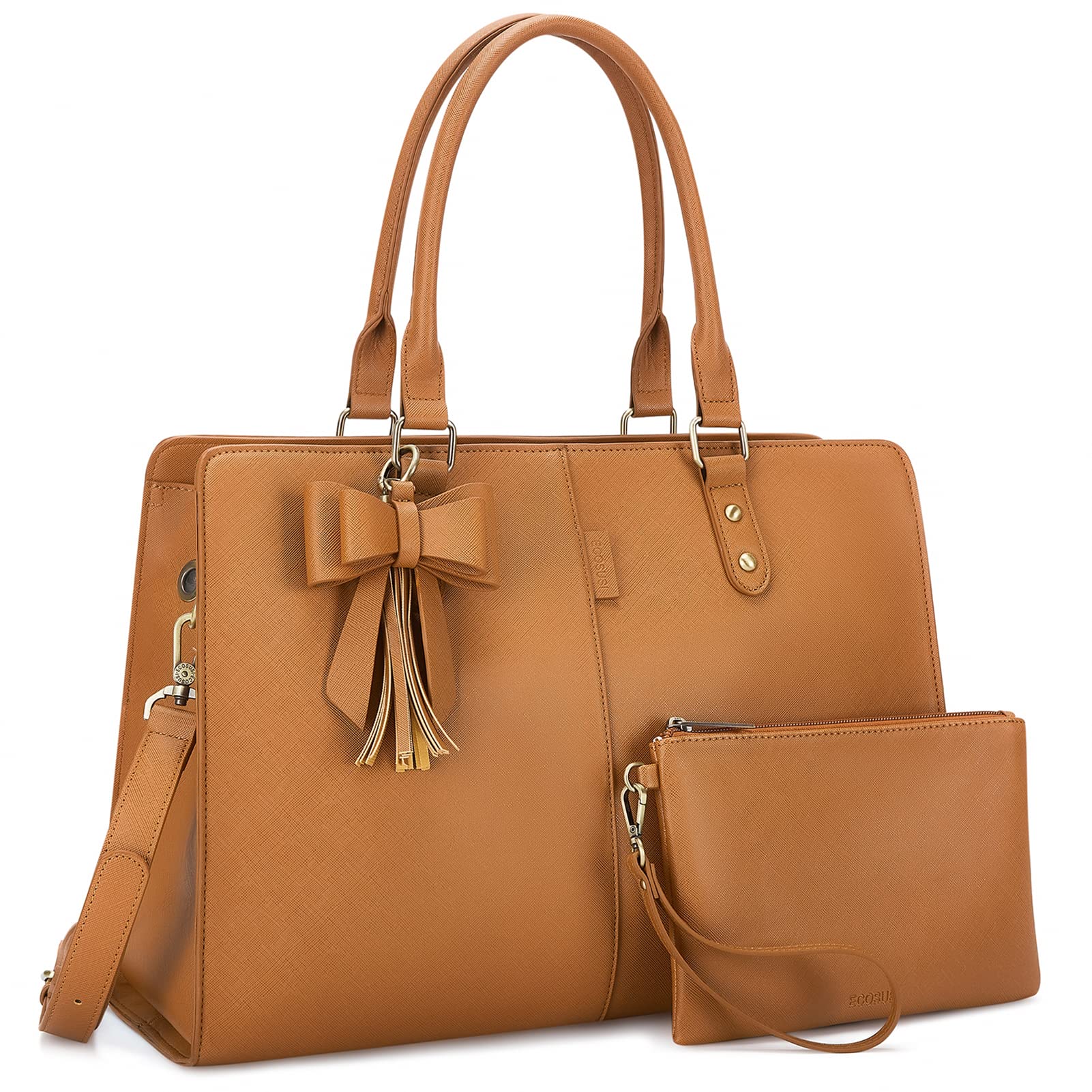 ECOSUSI 2 PCS Set Leather Laptop Tote Bag for Women 15.6 Inch Computer Briefcase Waterproof Handbag Shoulder Bag Purse for Tablet Work Office Business College Daily Travel, Brown