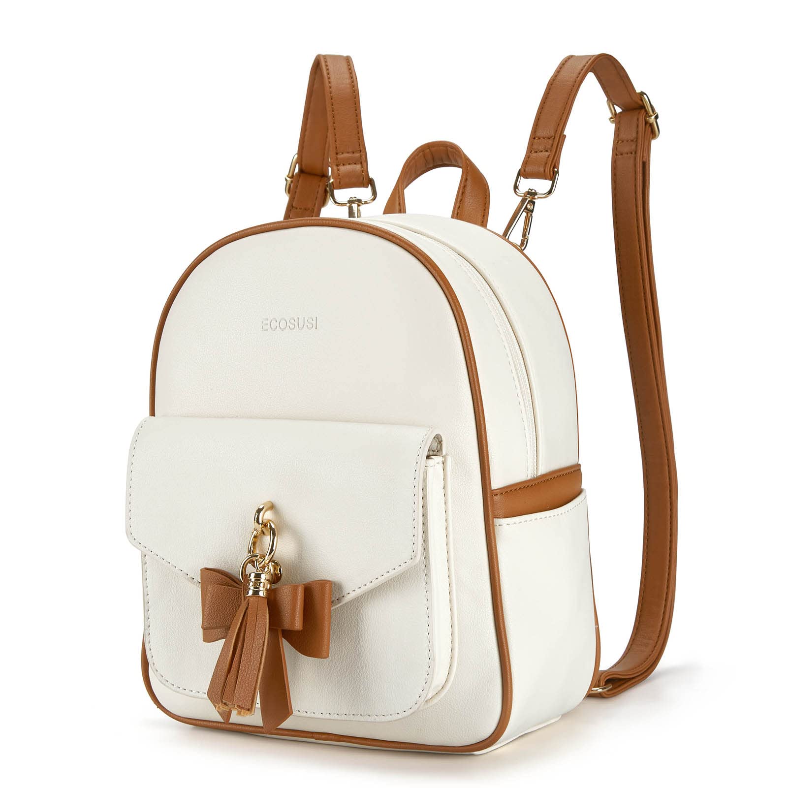 ECOSUSI Women's Mini Backpack Purse, Leather Ladies Shoulder Bag Handbag with Cute Bowknot Charm Tassel for Travel Casual Commute, Girls Bookbag, Brown&Cream Color