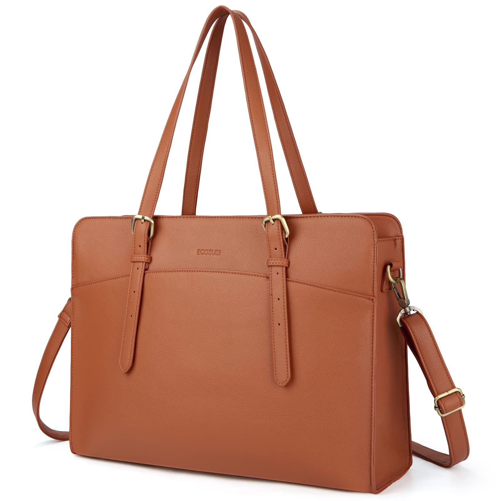 ECOSUSI Leather Laptop Tote Bag for Women 15.6 Inch Computer Briefcase Waterproof Handbag Shoulder Bag Purse for Tablet Work Office Business College Daily Travel, Brown