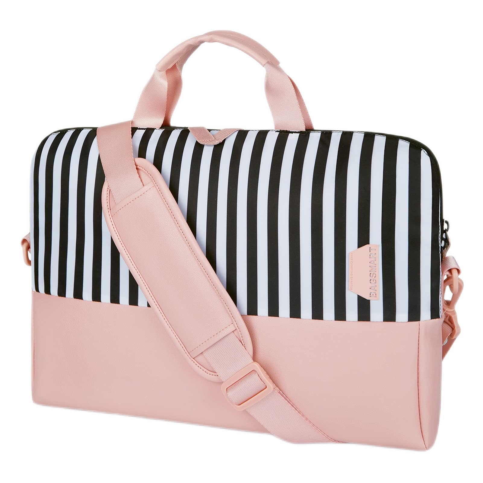BAGSMART Laptop Bag Briefcase for Women, 15.6 Inch Shoulder Computer Bag Laptop Sleeve Case with Strap for Work Travel School, Pink Stripes